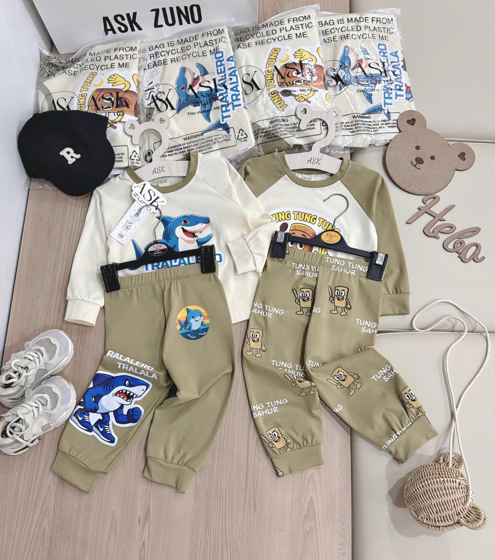 T944 - SET 2 BỘ BÉ TRAI DÀI TAY TUNGTUNG TRALA BE QUẦN RÊU
