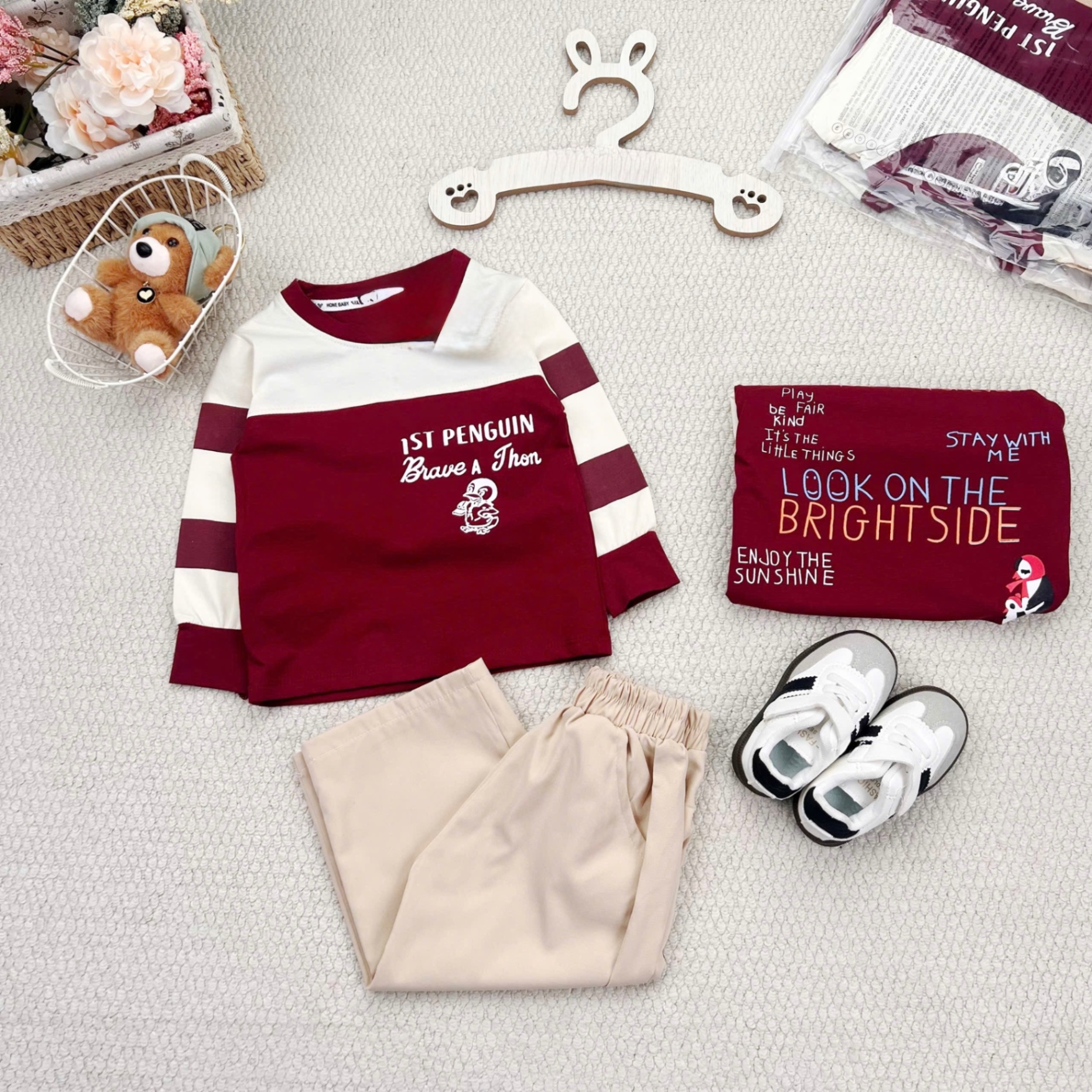 T941 - BỘ BÉ TRAI DÀI TAY ÁO ĐỎ PHỐI BE PENGUIN QUẦN BE