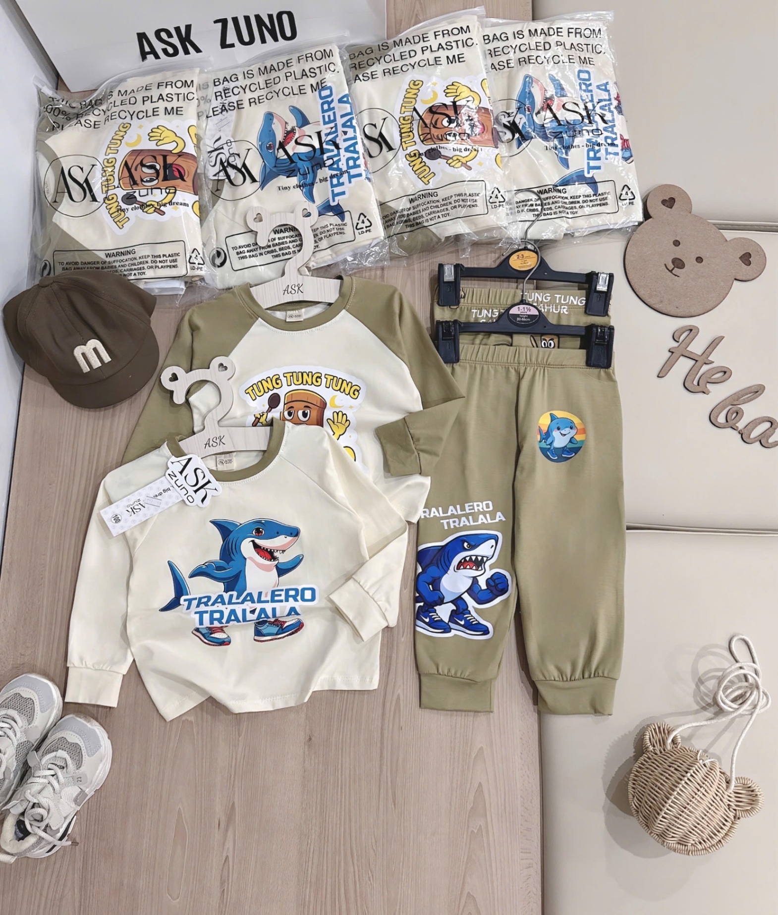 T944 - SET 2 BỘ BÉ TRAI DÀI TAY TUNGTUNG TRALA BE QUẦN RÊU