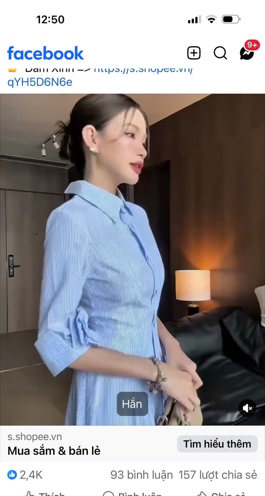V487 - VÁY SƠ MI XANH SỌC CÚC BỌC TAY ĐÍNH HOA