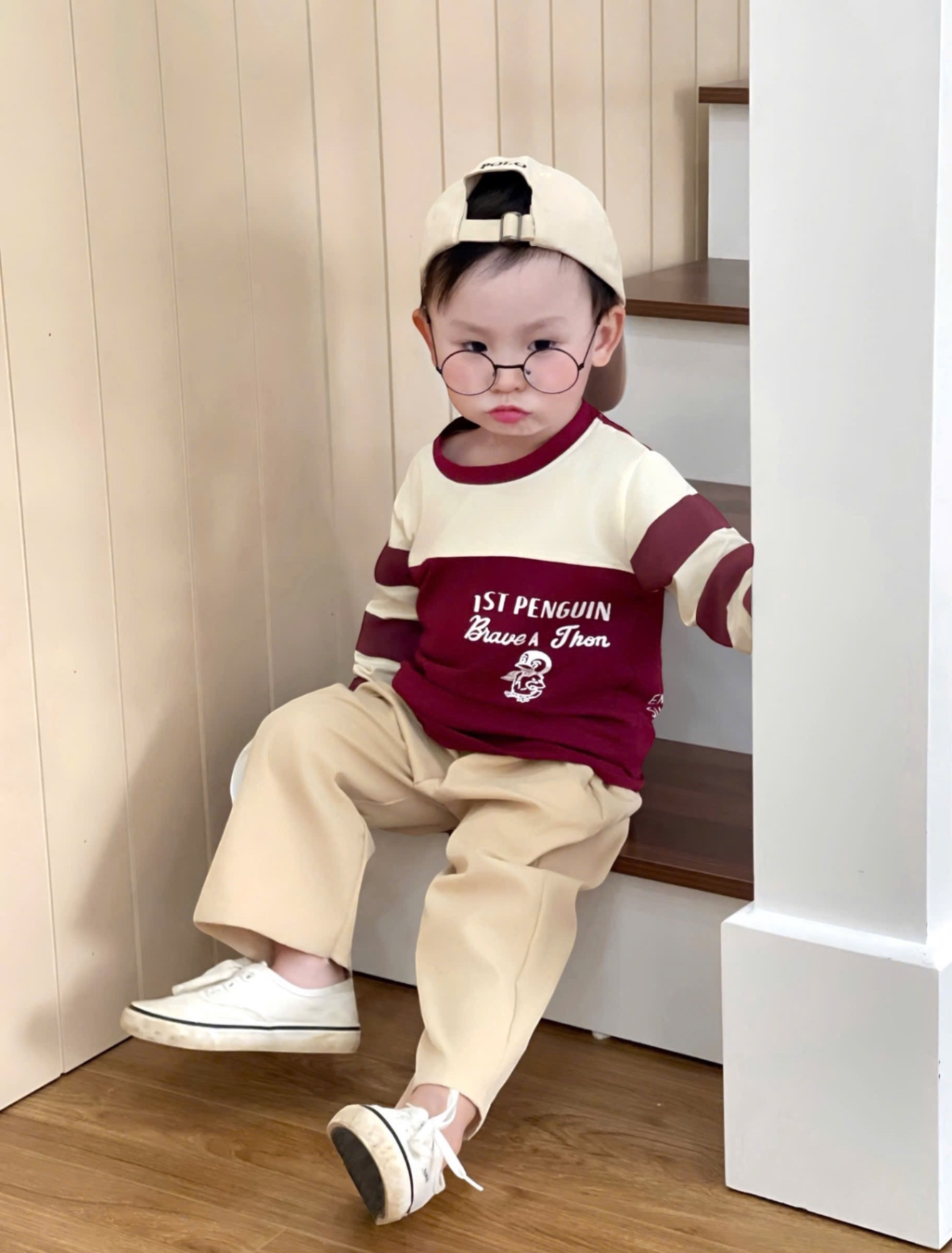 T941 - BỘ BÉ TRAI DÀI TAY ÁO ĐỎ PHỐI BE PENGUIN QUẦN BE