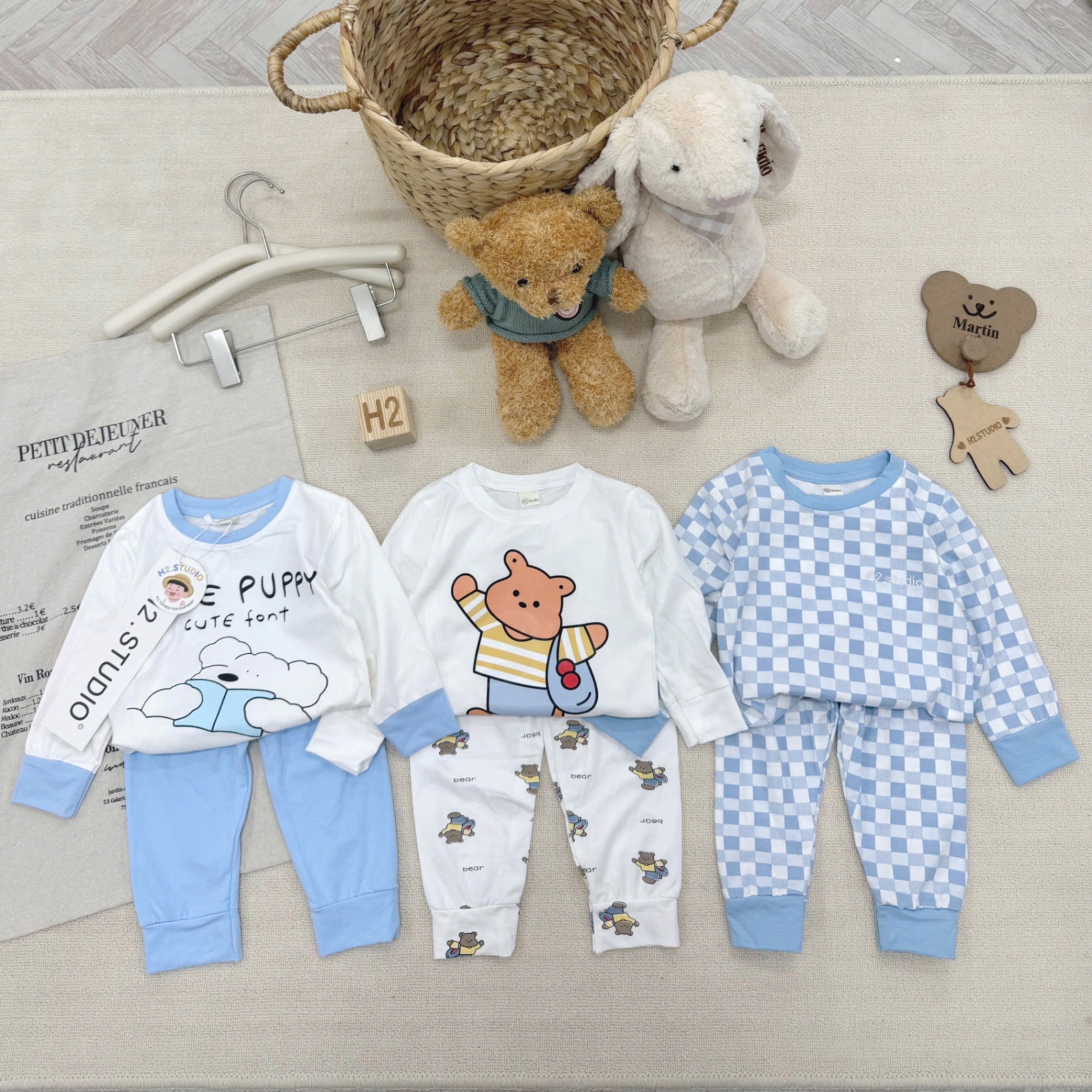 T950 - SET 3 BỘ BÉ TRAI DÀI TAY GẤU PUPPY CARO xanh trắng