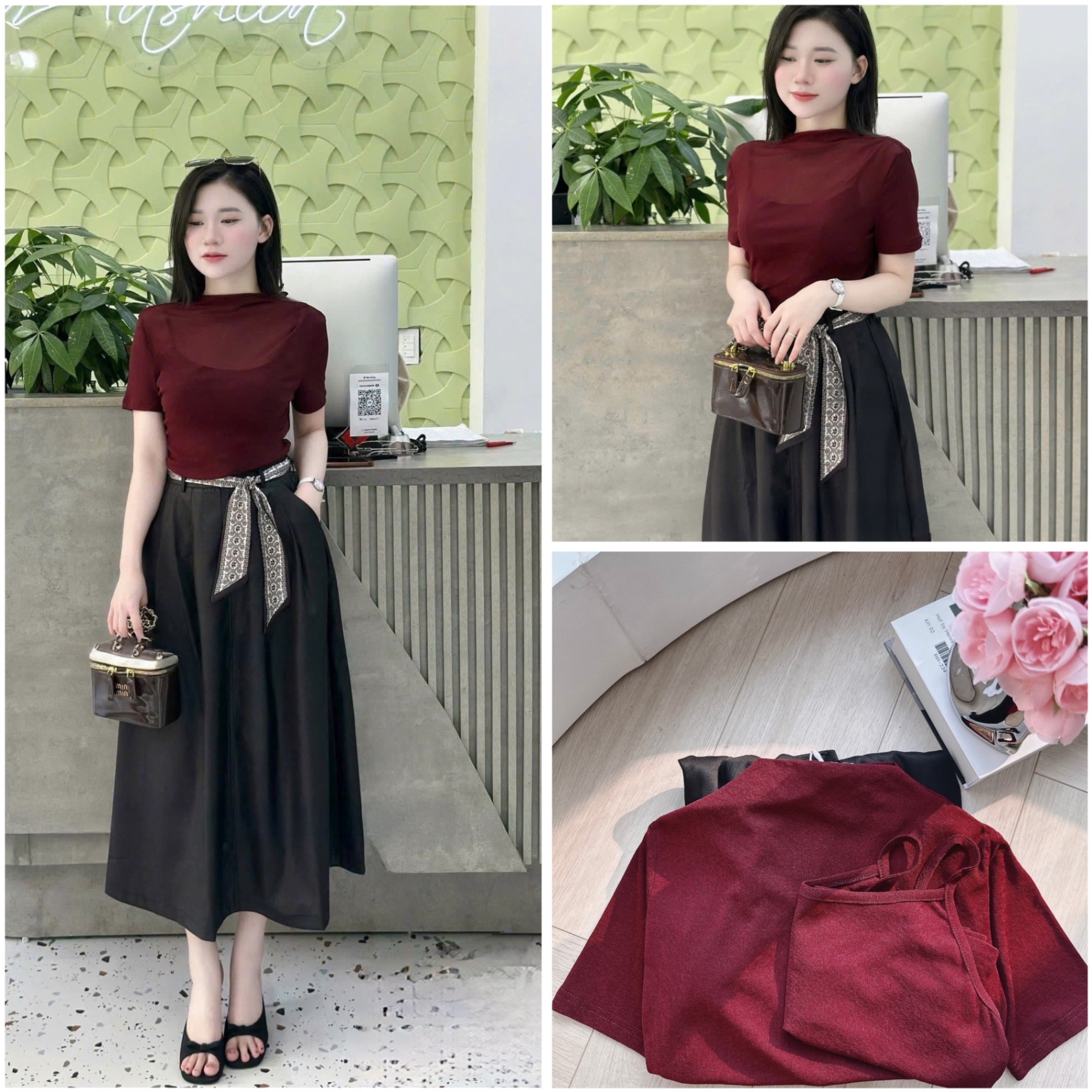 S183 - SET ÁO ĐỎ 3CT MIX ÁO 2S CVAY ĐEN DÀI