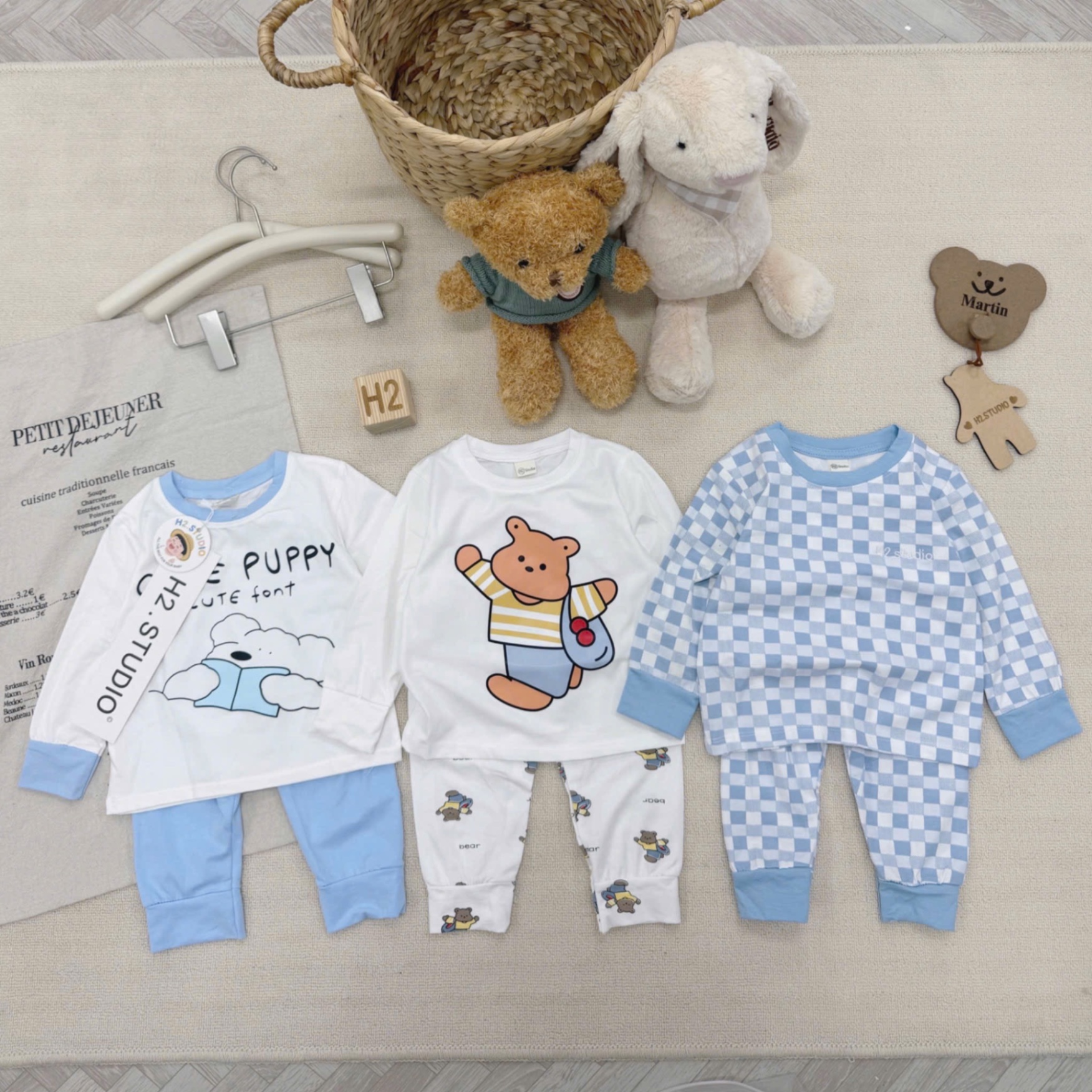 T950 - SET 3 BỘ BÉ TRAI DÀI TAY GẤU PUPPY CARO xanh trắng