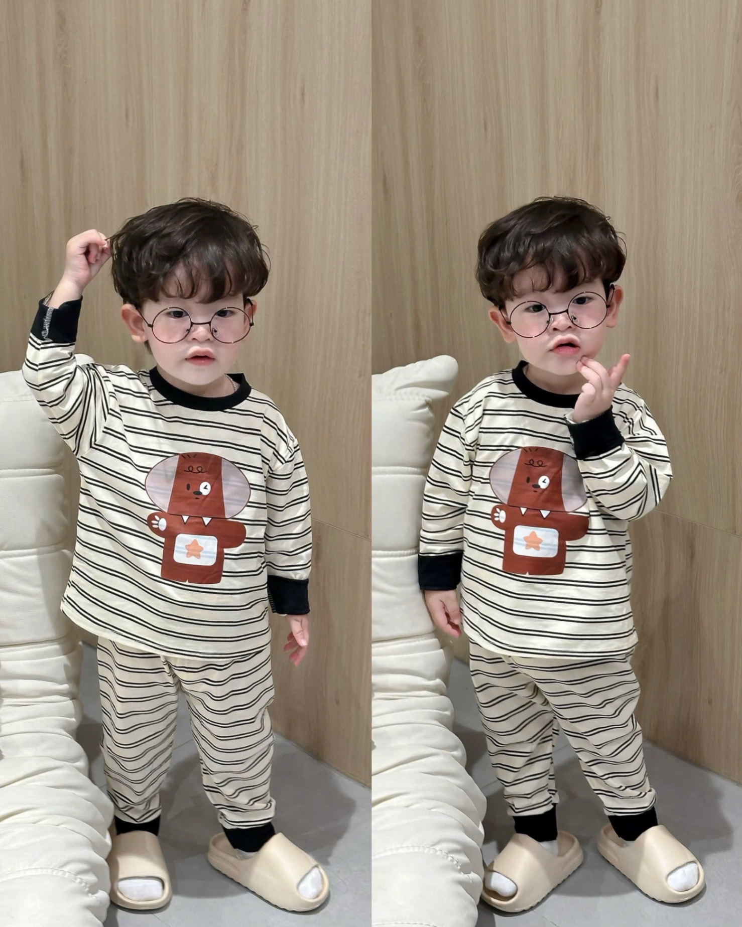T952 - SET 2 BỘ BÉ TRAI DÀI TAY KẺ NGANG GẤU đen trắng