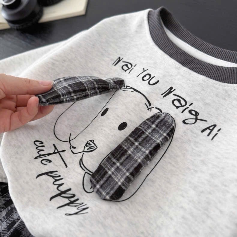 T948 - BỘ NỈ BÉ TRAI HAI DA CHÓ PUPPY TAI NỔI QUẦN CARO