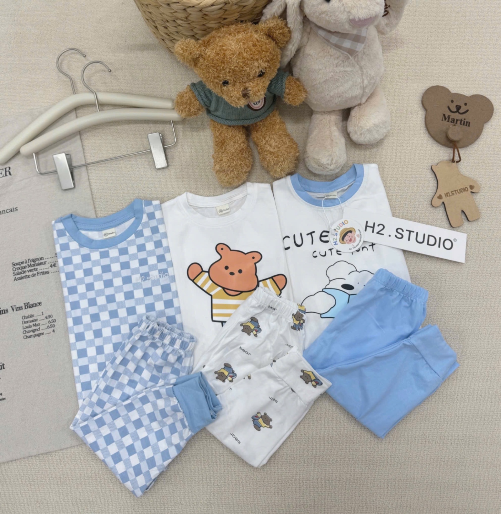 T950 - SET 3 BỘ BÉ TRAI DÀI TAY GẤU PUPPY CARO xanh trắng