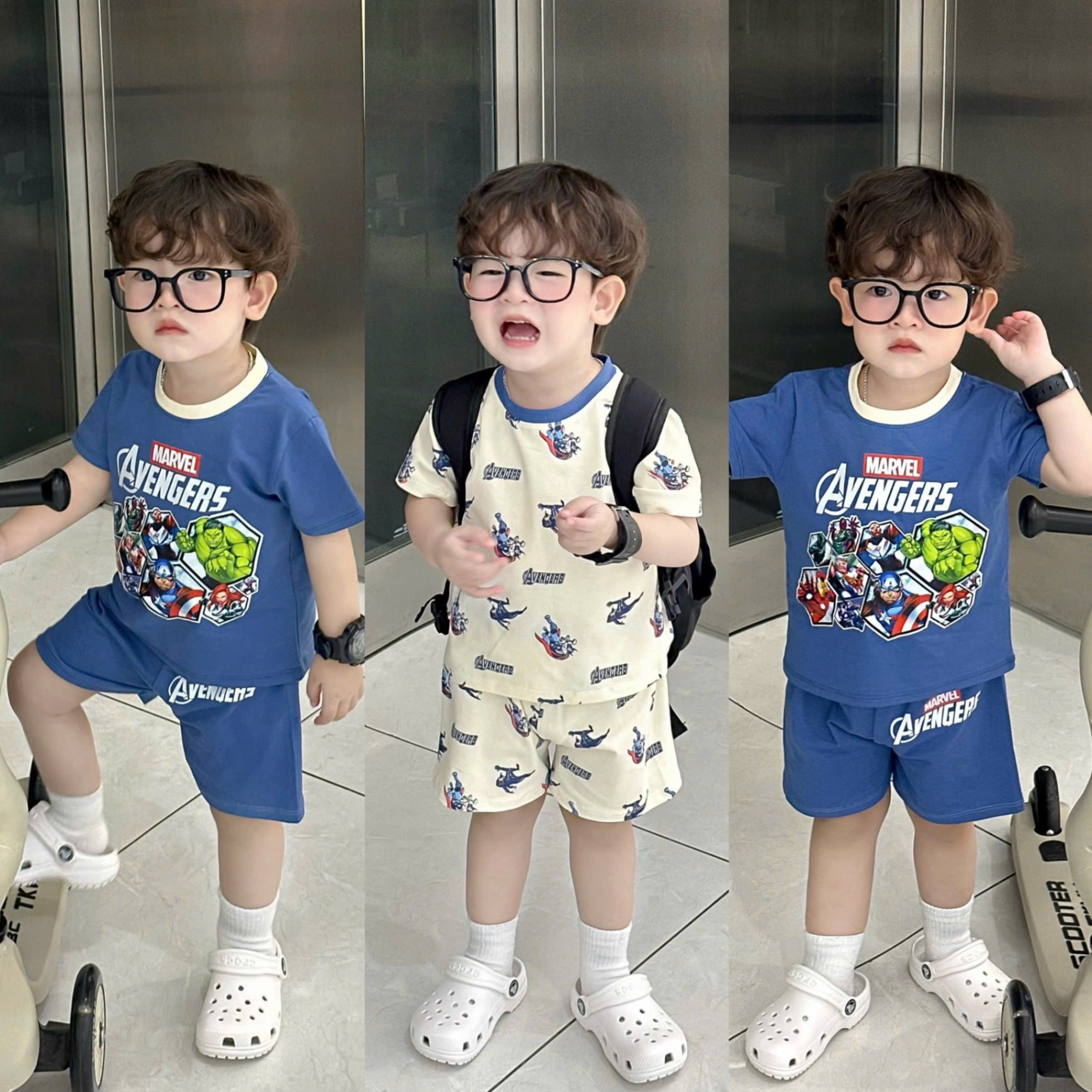 T958 - SET 2 BỘ ĐÙI BÉ TRAI SIÊU NHÂN AVENGERS xanh be