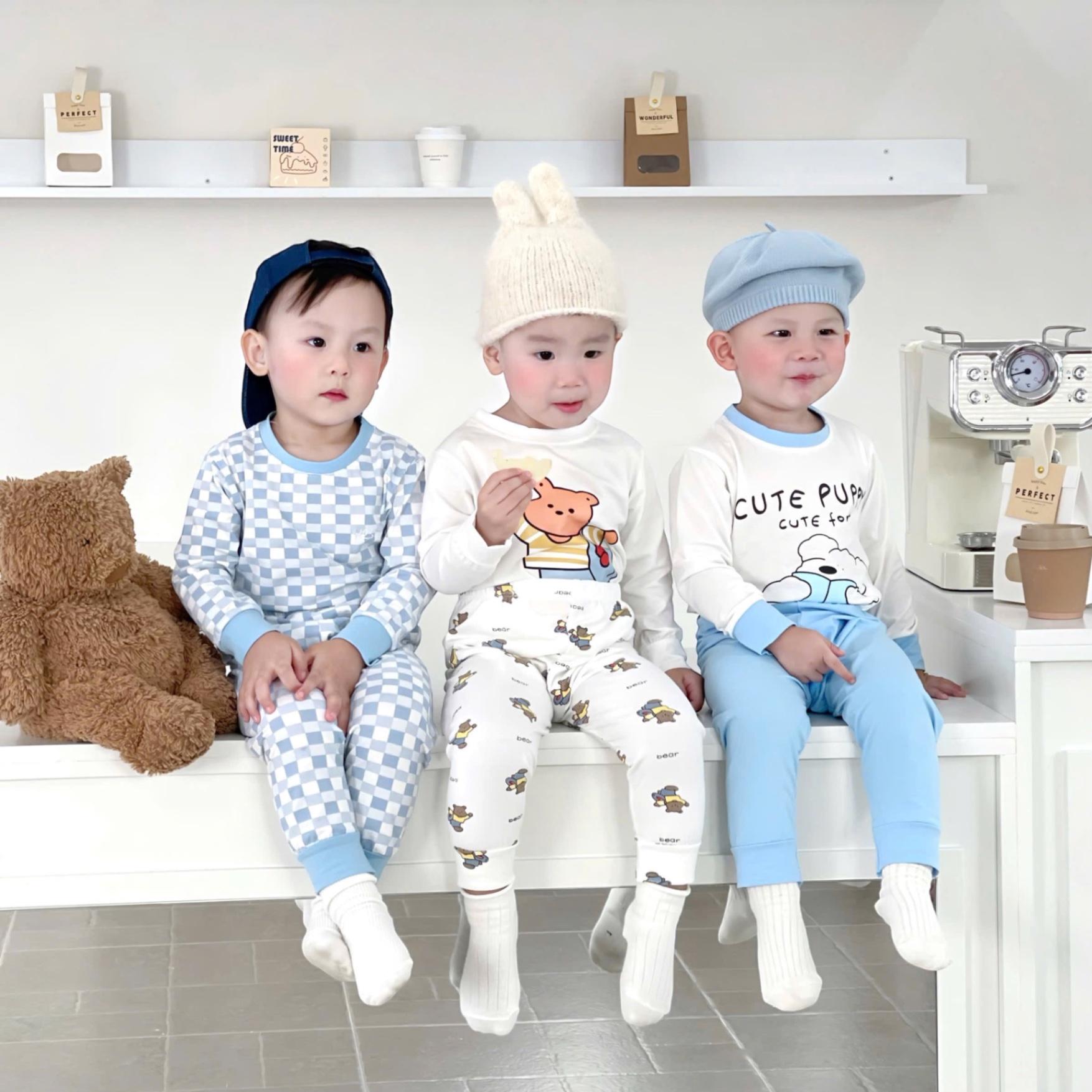 T950 - SET 3 BỘ BÉ TRAI DÀI TAY GẤU PUPPY CARO xanh trắng