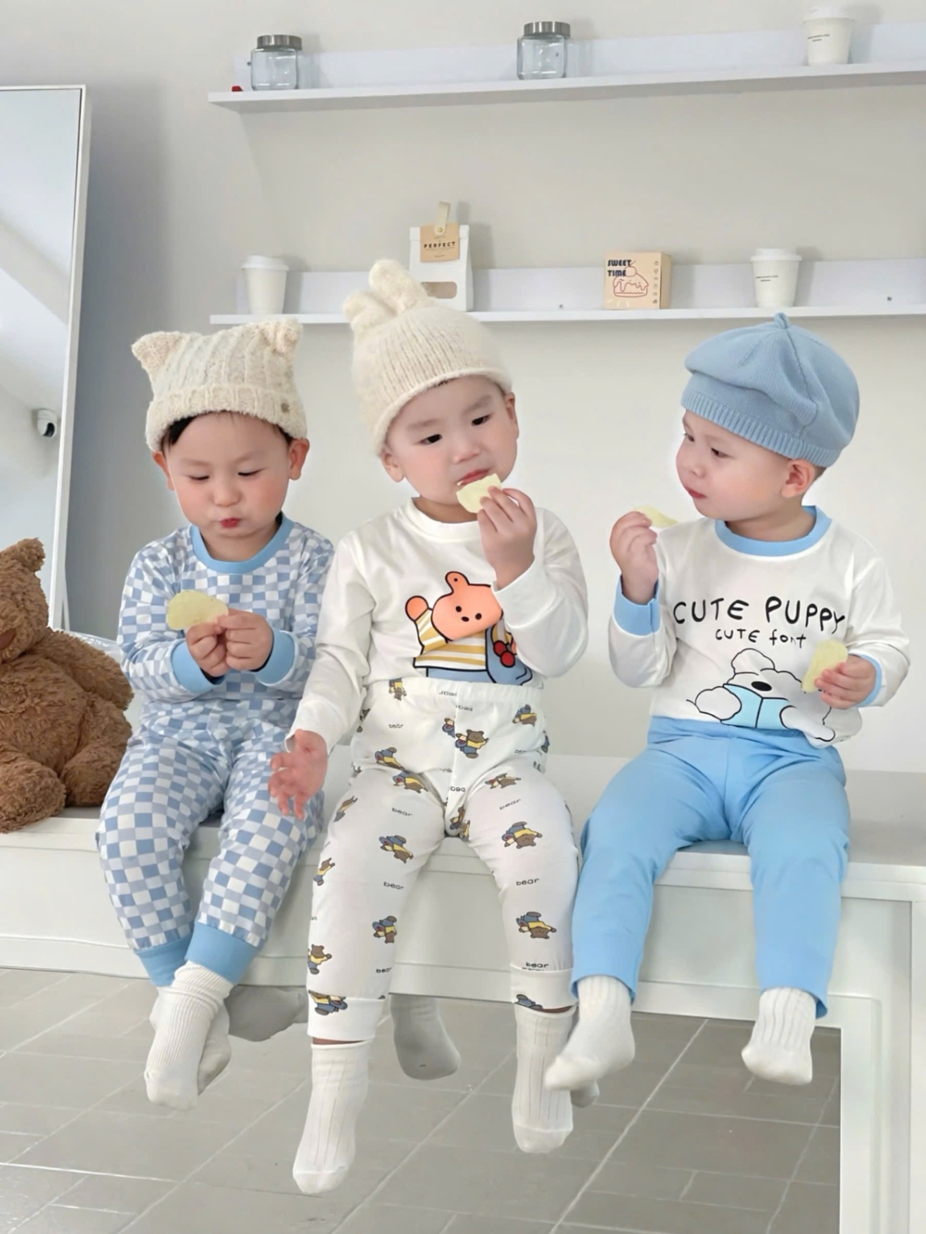 T950 - SET 3 BỘ BÉ TRAI DÀI TAY GẤU PUPPY CARO xanh trắng