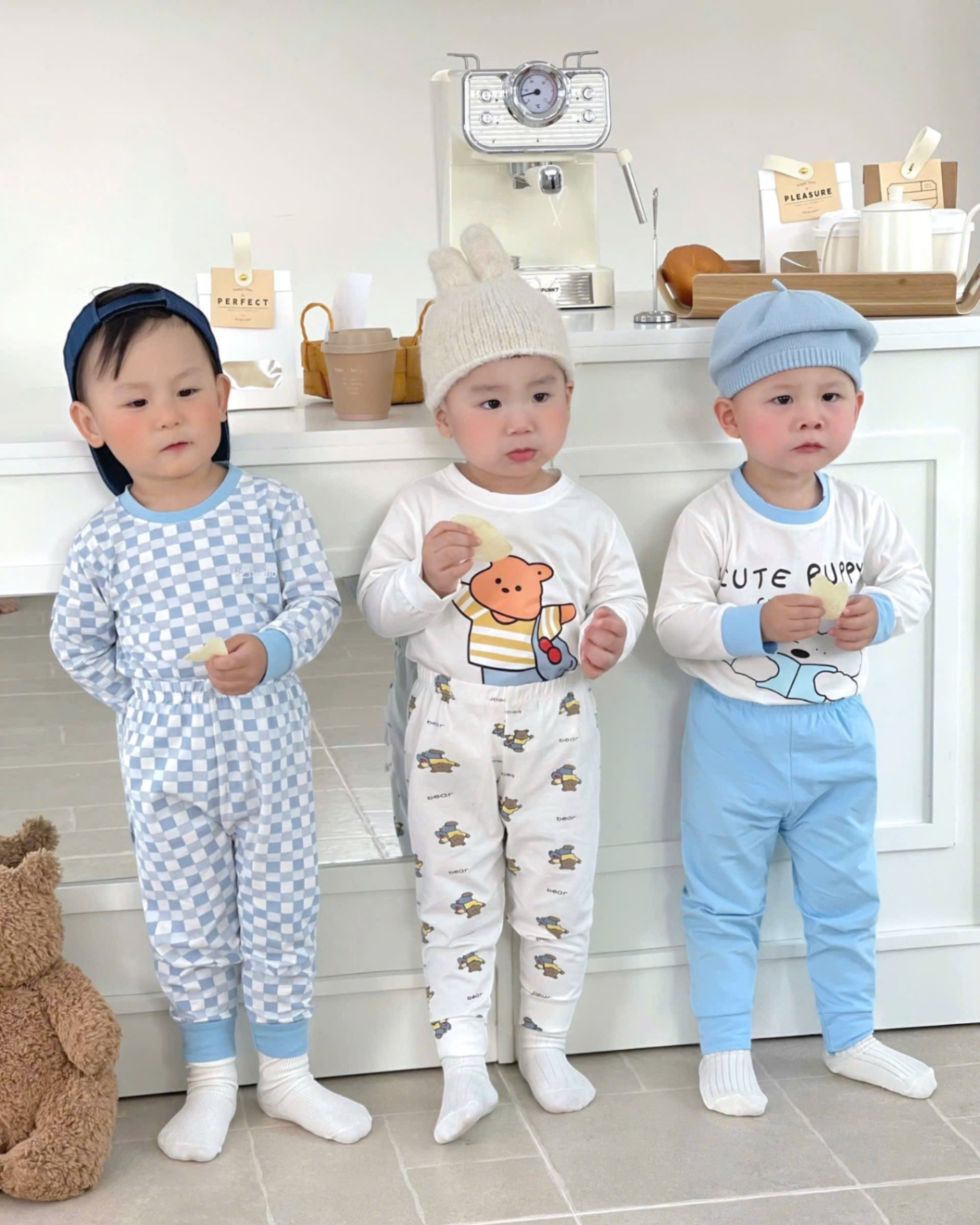 T950 - SET 3 BỘ BÉ TRAI DÀI TAY GẤU PUPPY CARO xanh trắng