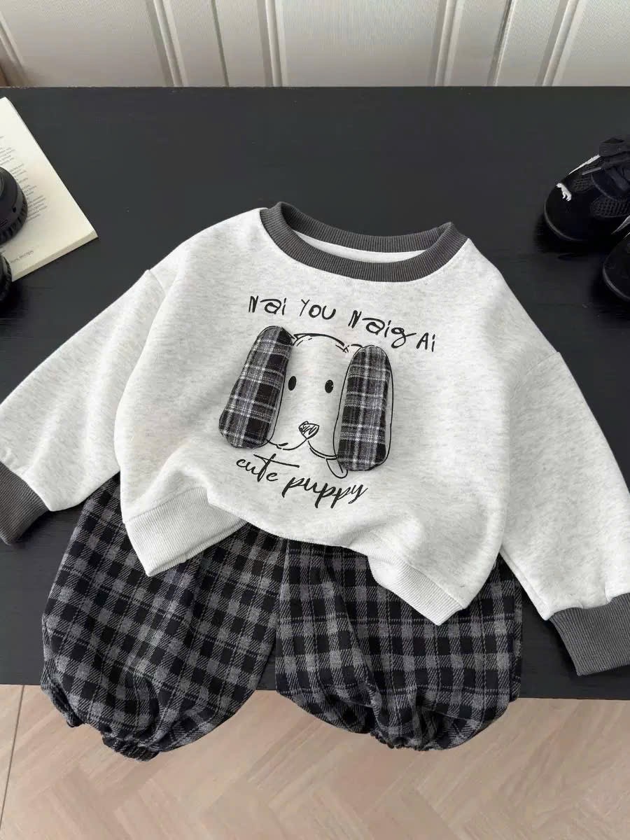 T948 - BỘ NỈ BÉ TRAI HAI DA CHÓ PUPPY TAI NỔI QUẦN CARO