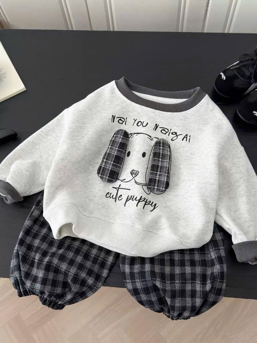 T948 - BỘ NỈ BÉ TRAI HAI DA CHÓ PUPPY TAI NỔI QUẦN CARO