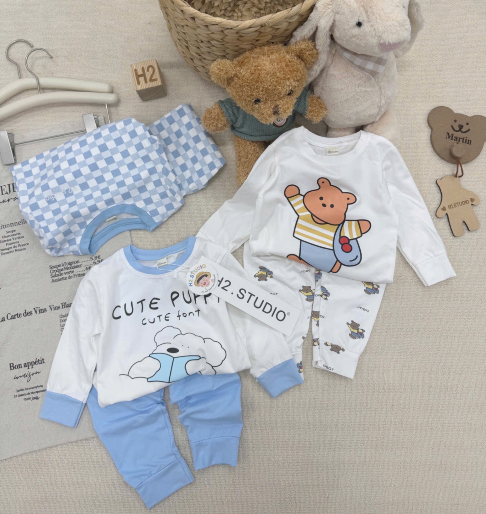 T950 - SET 3 BỘ BÉ TRAI DÀI TAY GẤU PUPPY CARO xanh trắng