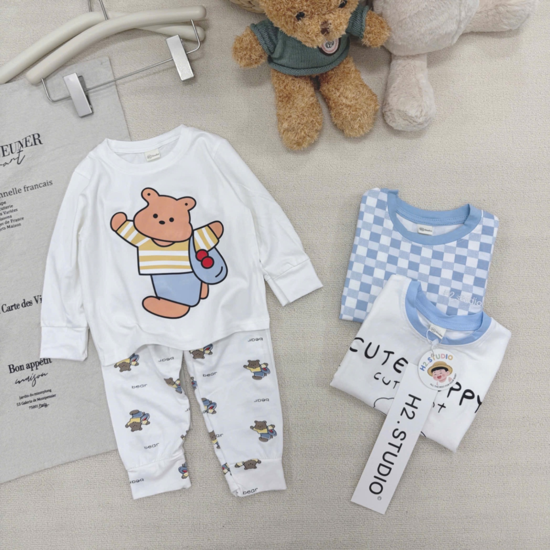 T950 - SET 3 BỘ BÉ TRAI DÀI TAY GẤU PUPPY CARO xanh trắng