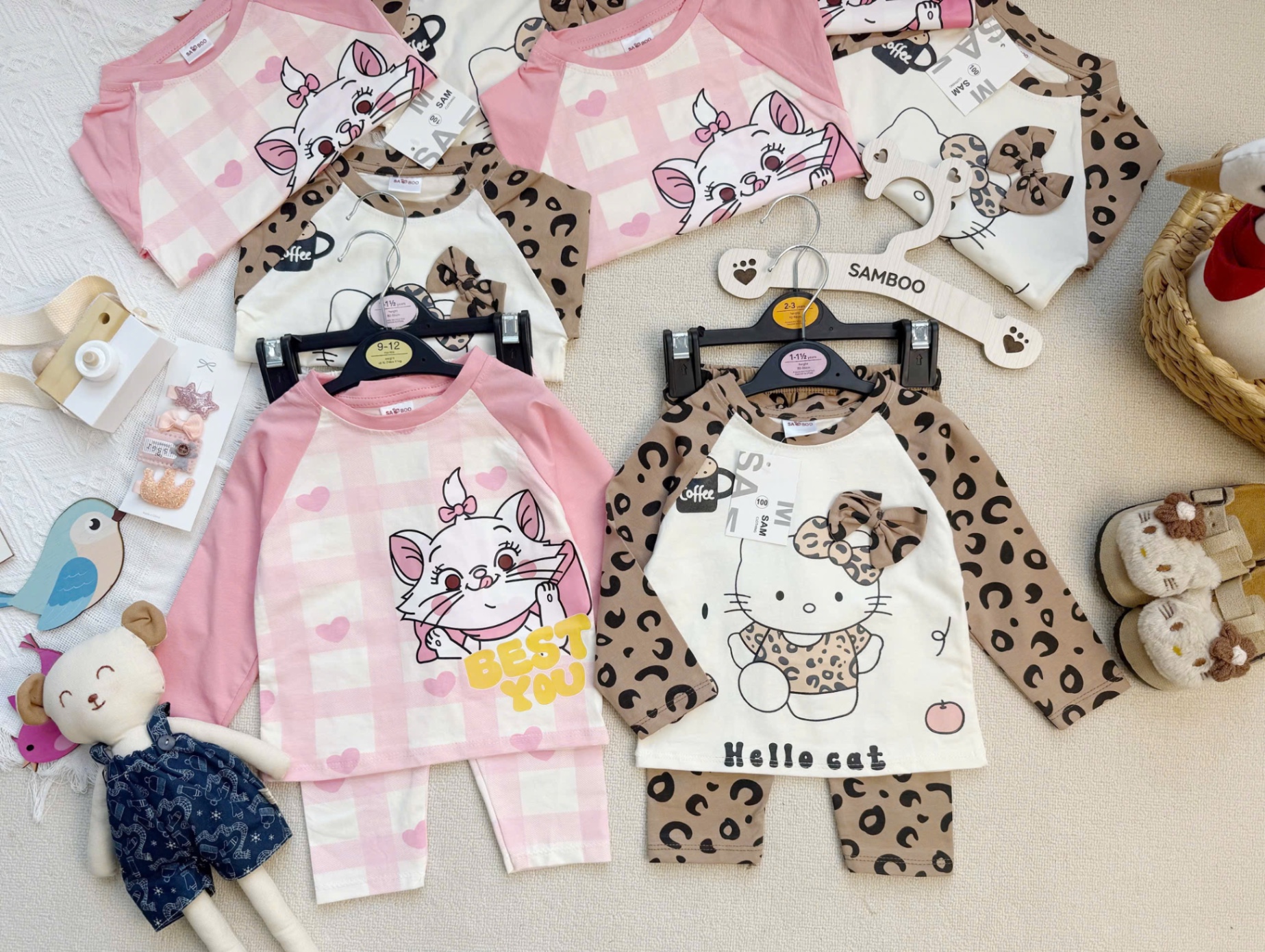 G772 - SET 2 BỘ BÉ GÁI DÀI TAY MÈO KITTY hồng da báo