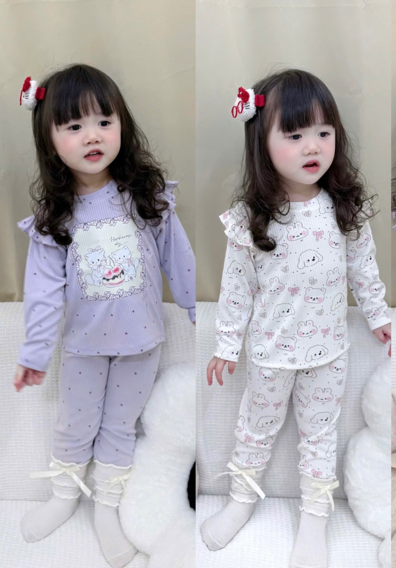 G782 - SET 2 BỘ BÉ GÁI TĂM ĐŨA DÀY THỎ CHÓ tím trắng
