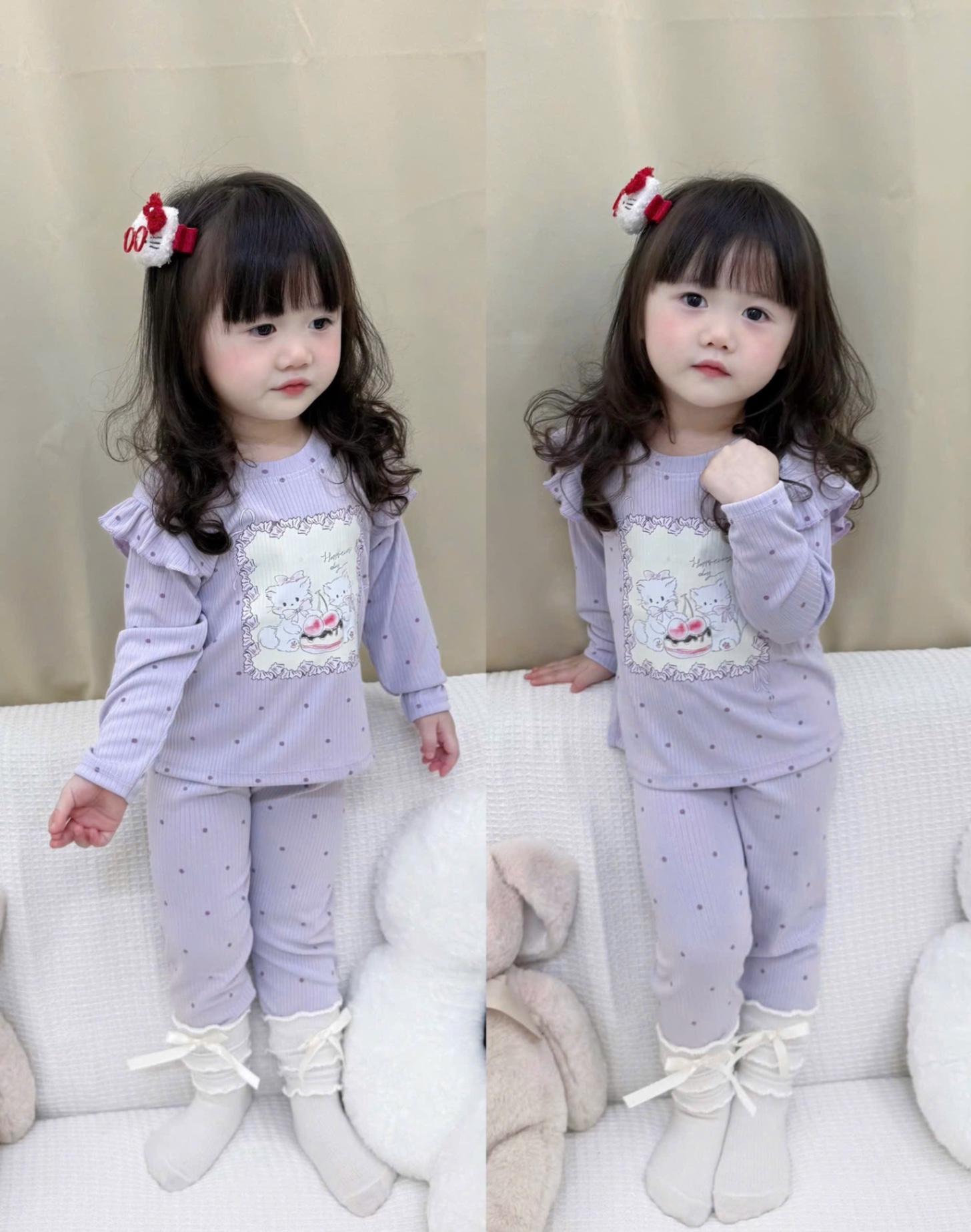 G782 - SET 2 BỘ BÉ GÁI TĂM ĐŨA DÀY THỎ CHÓ tím trắng
