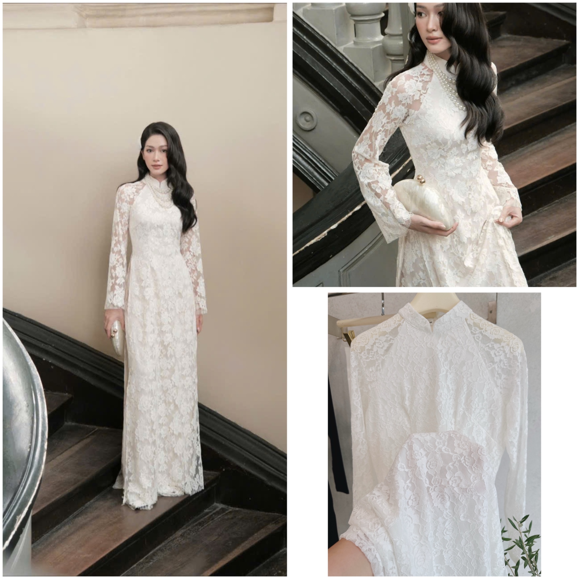 S196 - SET ÁO DÀI NỮ TRẮNG HOA REN THIẾT KẾ