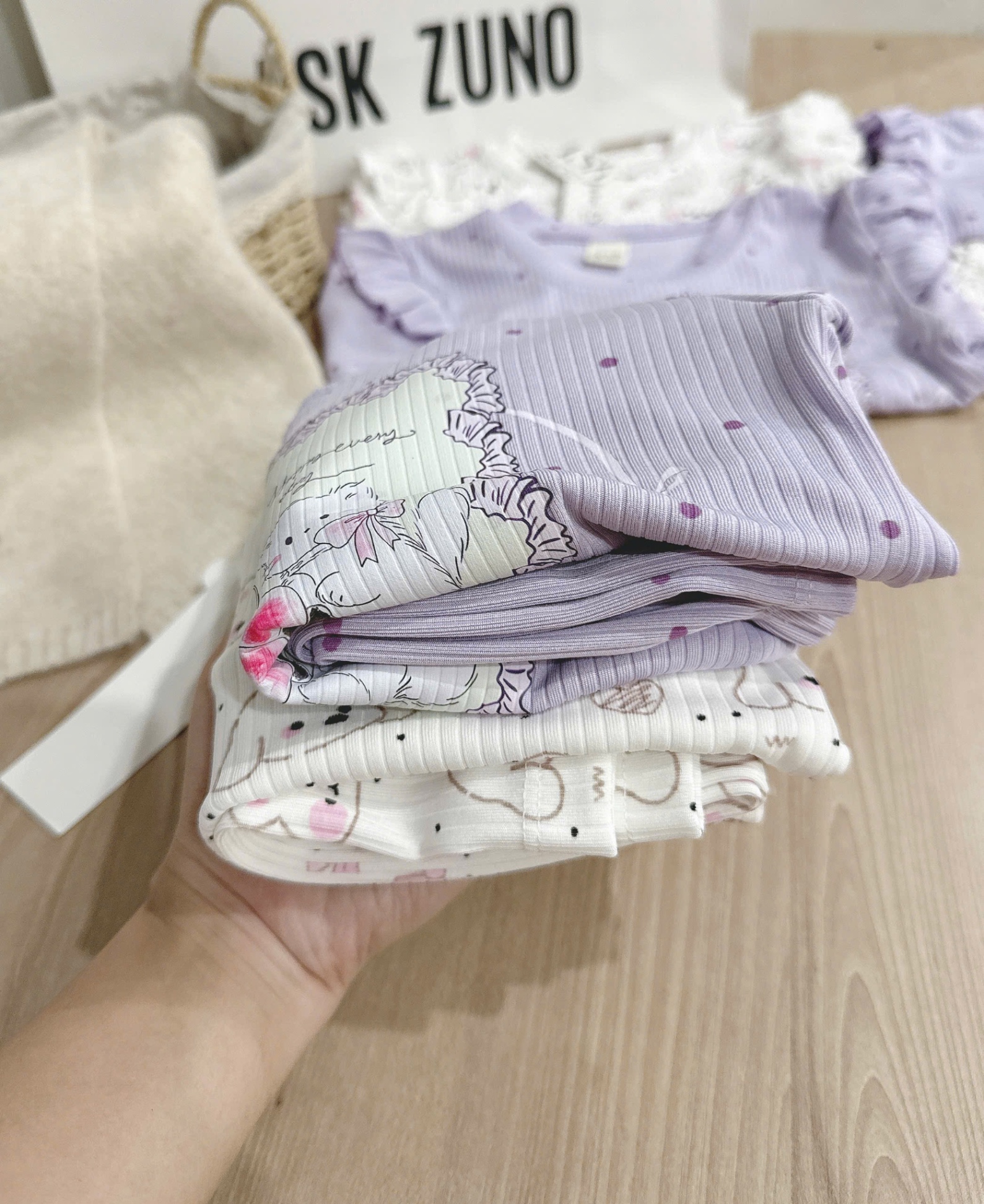G782 - SET 2 BỘ BÉ GÁI TĂM ĐŨA DÀY THỎ CHÓ tím trắng