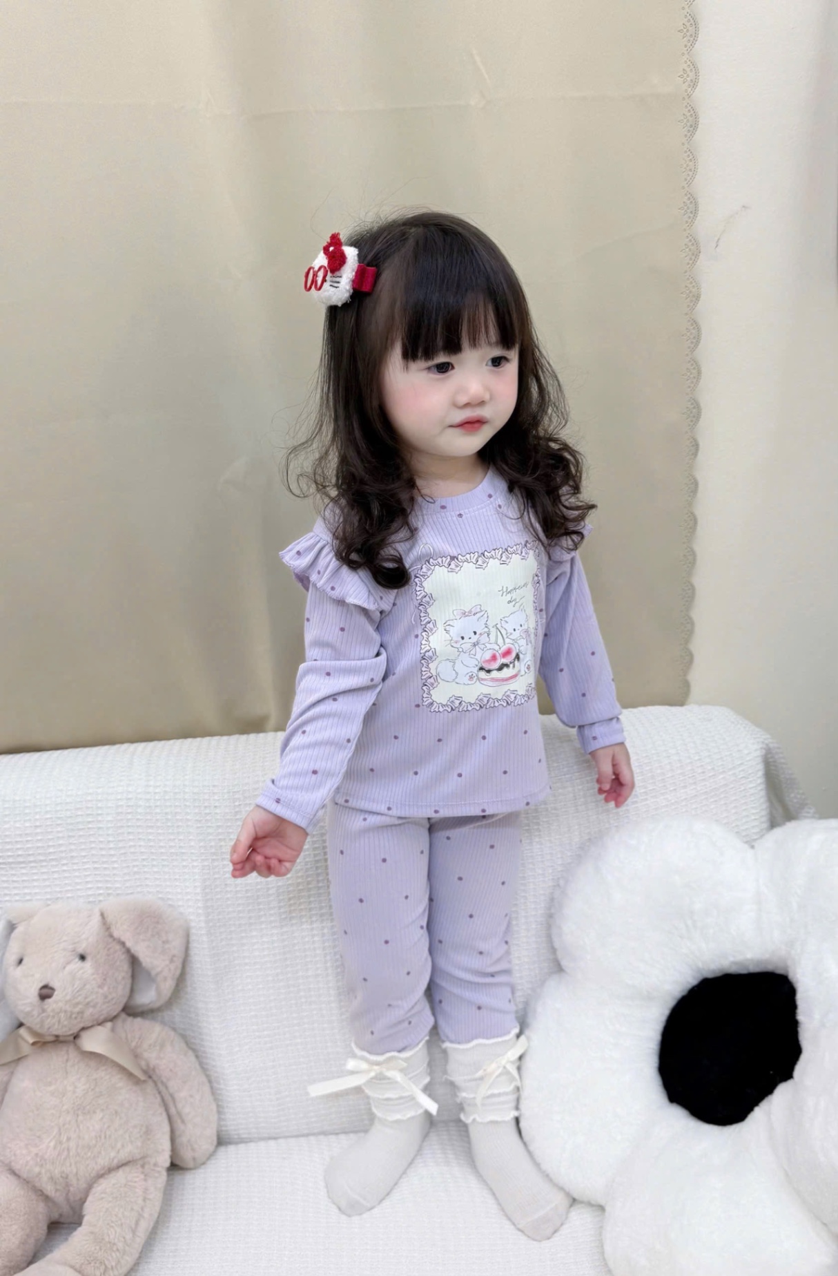 G782 - SET 2 BỘ BÉ GÁI TĂM ĐŨA DÀY THỎ CHÓ tím trắng