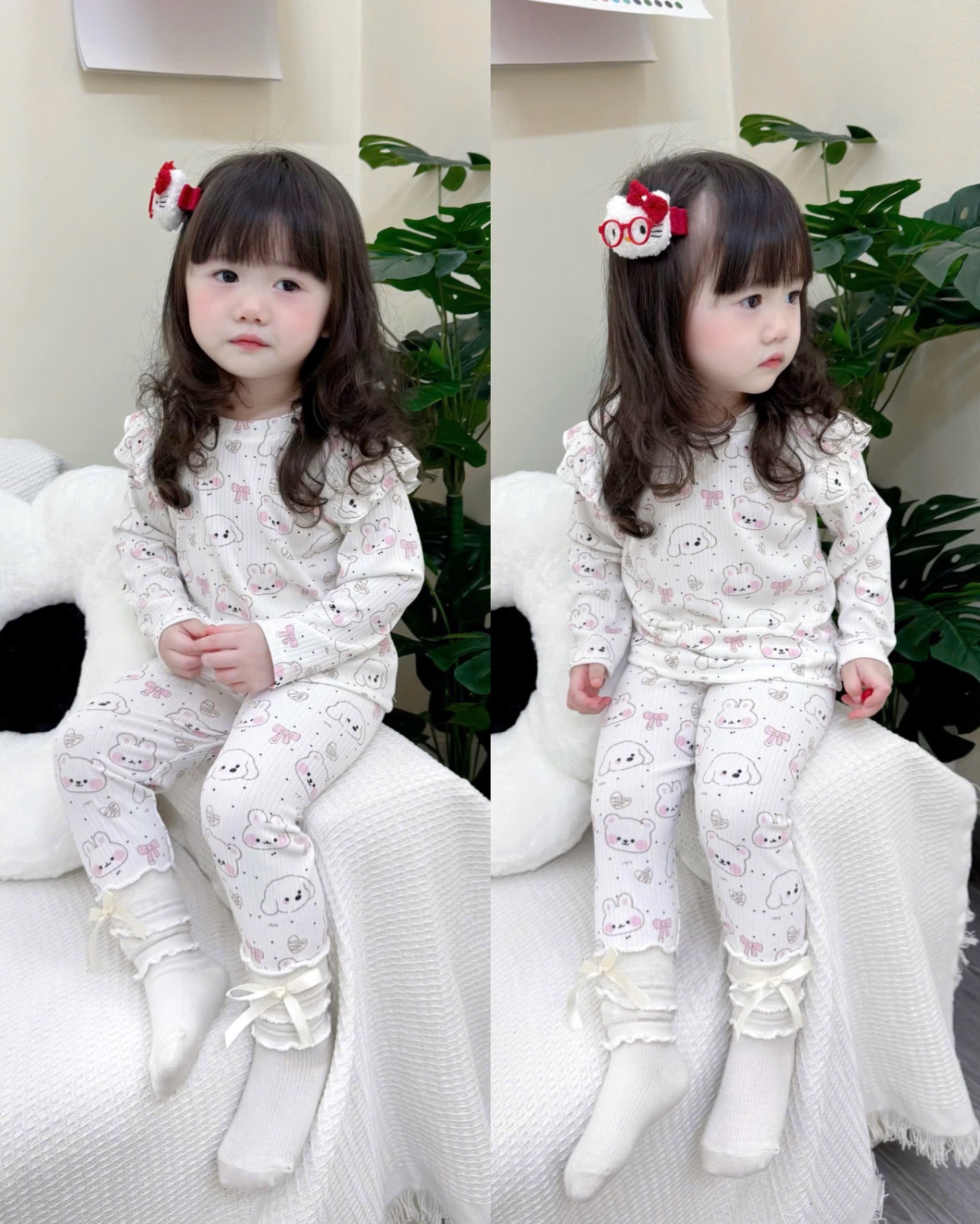 G782 - SET 2 BỘ BÉ GÁI TĂM ĐŨA DÀY THỎ CHÓ tím trắng