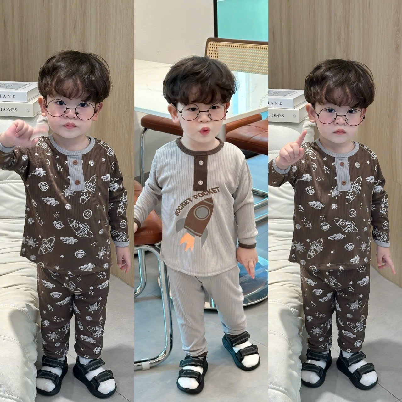 T994 - SET 2 BỘ BÉ TRAI GÂN ĐŨA TÊN LỬA ROCKET nâu xám