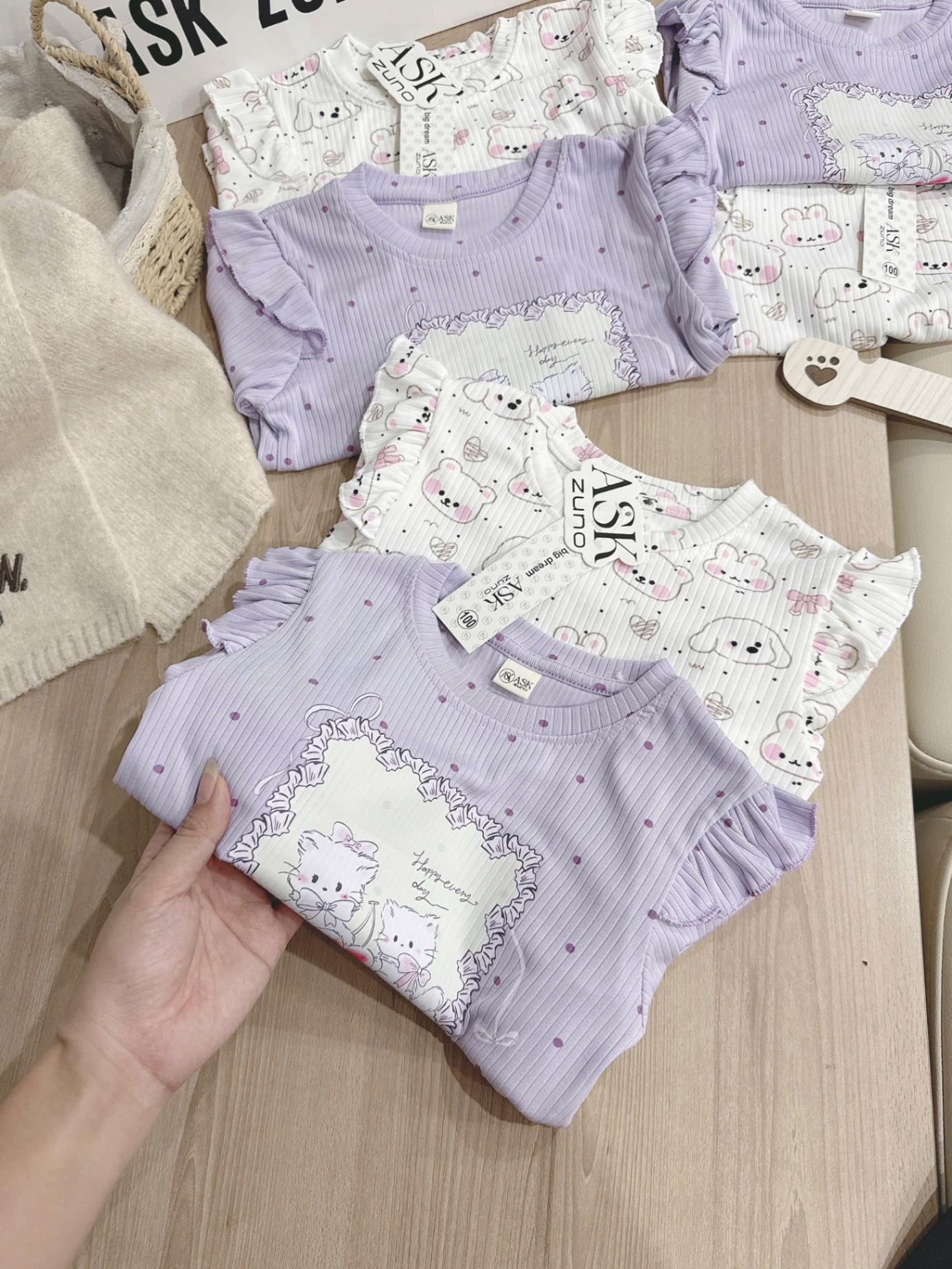 G782 - SET 2 BỘ BÉ GÁI TĂM ĐŨA DÀY THỎ CHÓ tím trắng