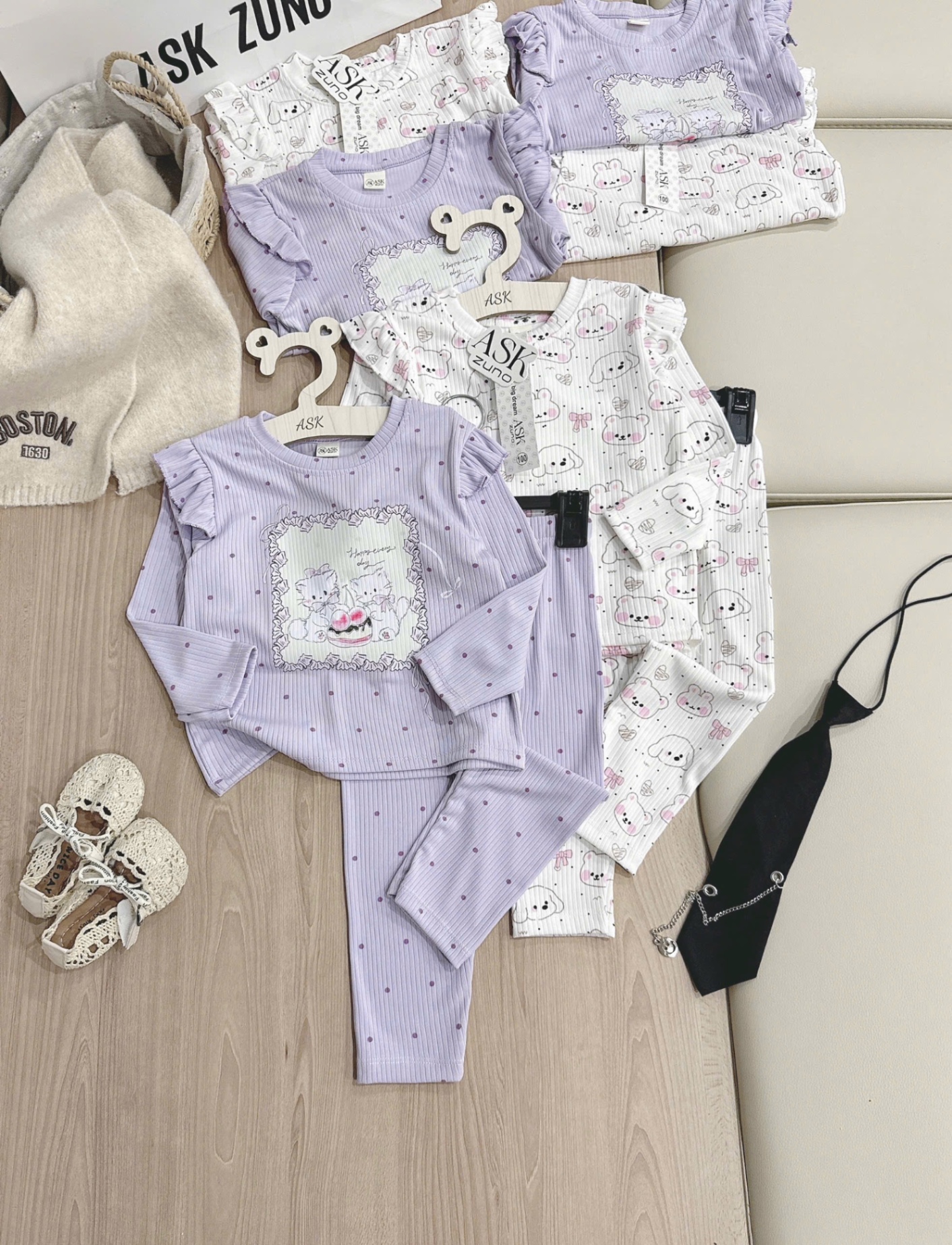 G782 - SET 2 BỘ BÉ GÁI TĂM ĐŨA DÀY THỎ CHÓ tím trắng