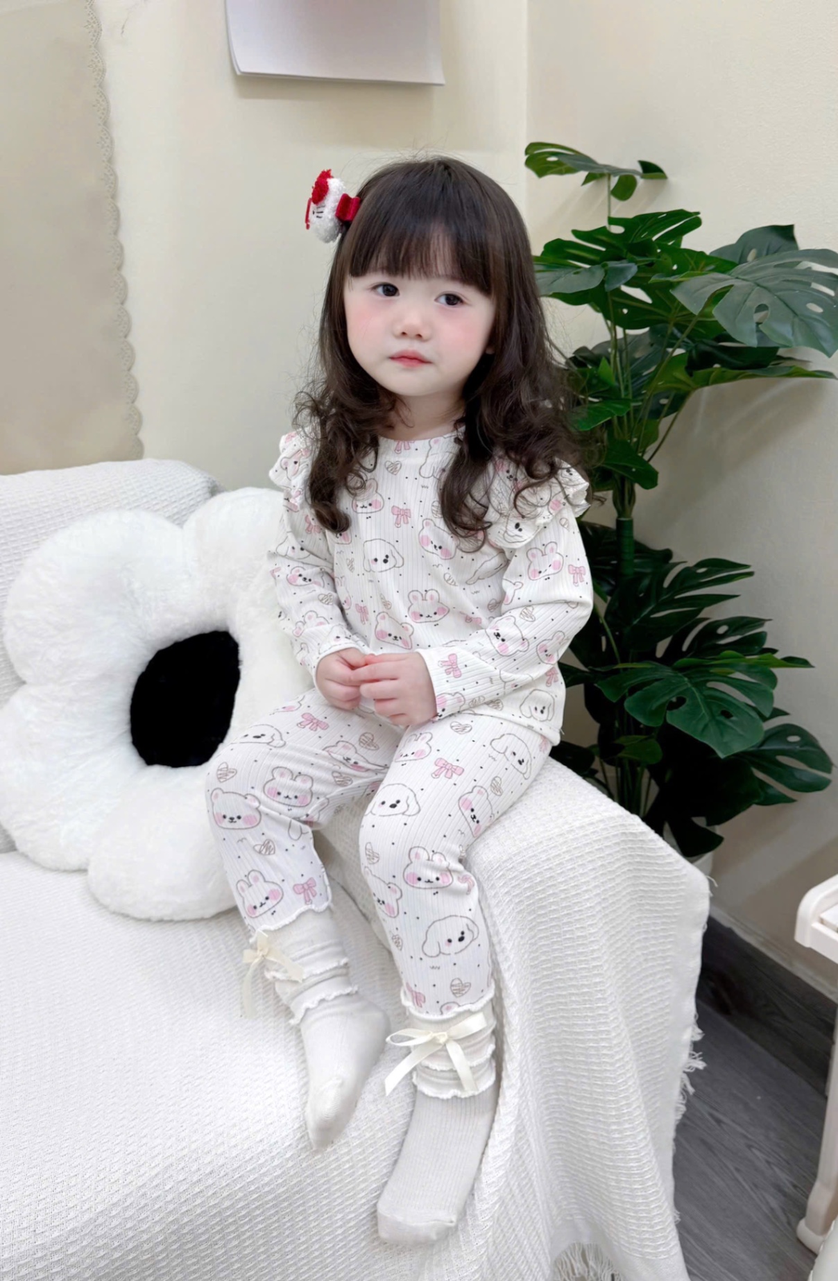 G782 - SET 2 BỘ BÉ GÁI TĂM ĐŨA DÀY THỎ CHÓ tím trắng