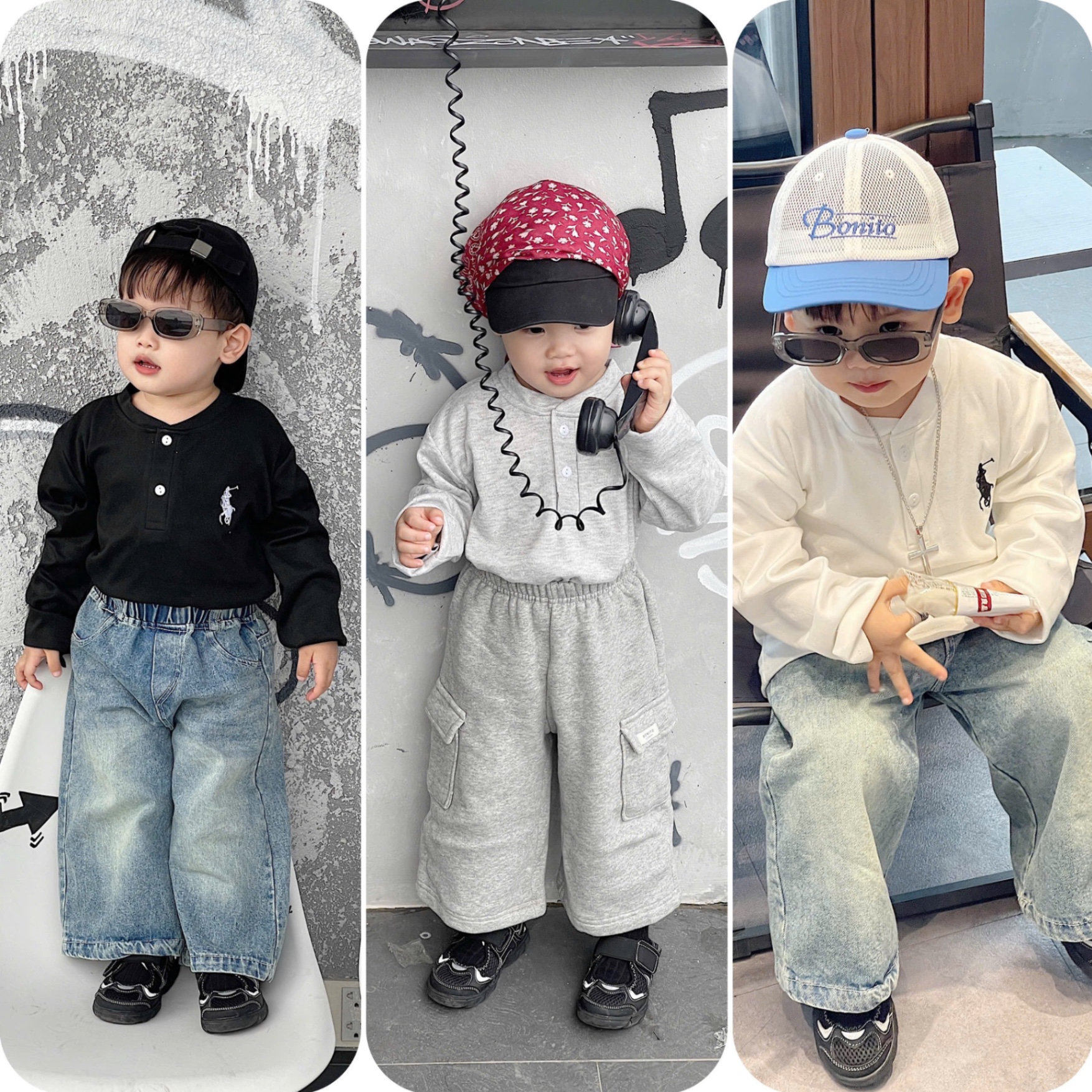 AB818 - SET 3 ÁO BÉ TRAI ZIP CỔ CÚC KỊ SĨ đen ghi trắng
