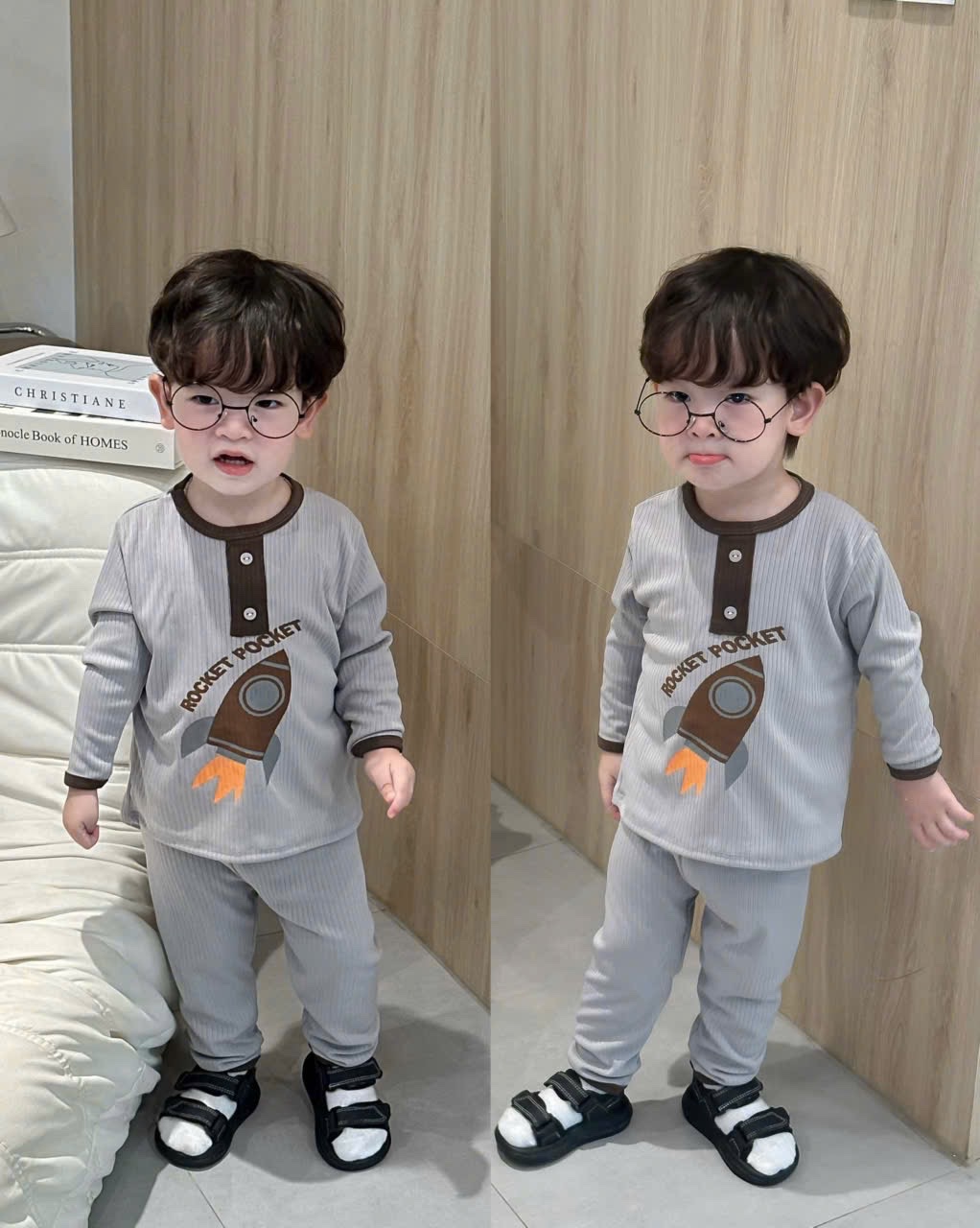 T994 - SET 2 BỘ BÉ TRAI GÂN ĐŨA TÊN LỬA ROCKET nâu xám