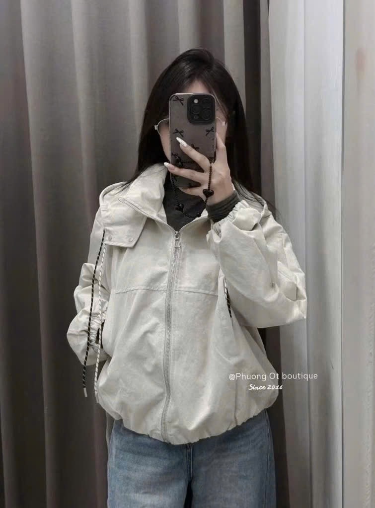 ANU317 - ÁO KHOÁC GIÓ NỮ BOMBER MŨ DÂY RÚT