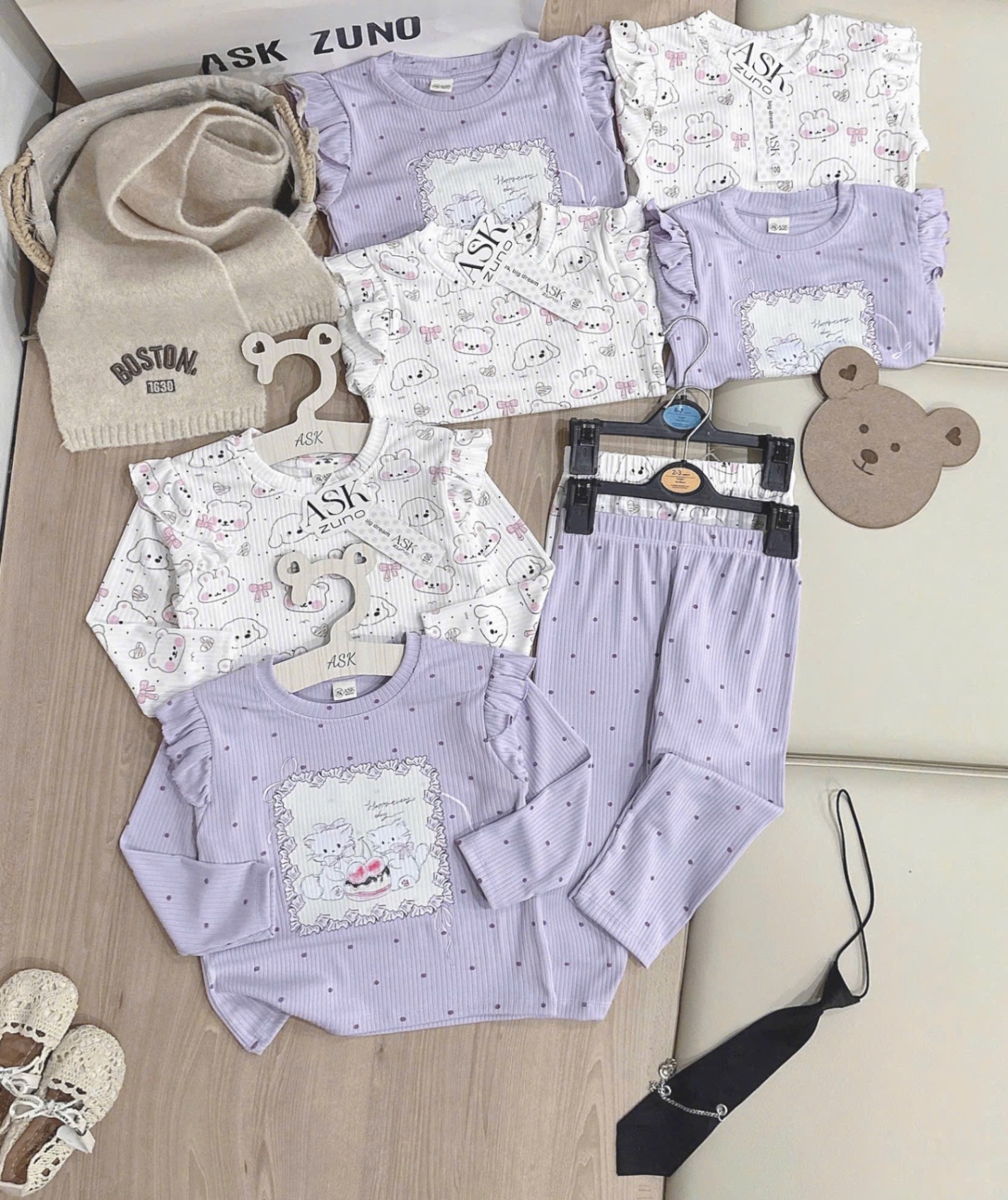 G782 - SET 2 BỘ BÉ GÁI TĂM ĐŨA DÀY THỎ CHÓ tím trắng