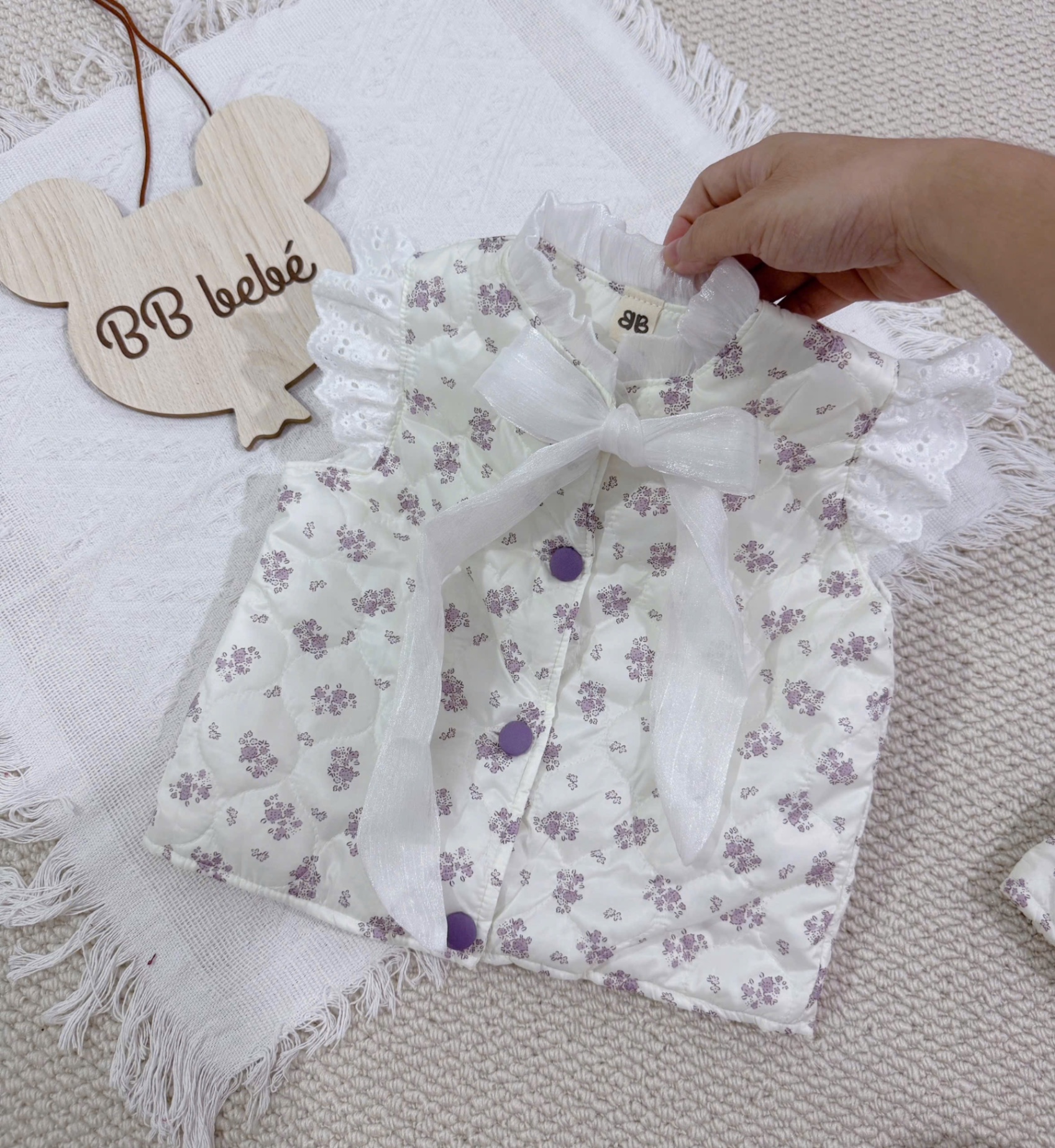 AB824 - ÁO GILE PHAO HOA TÍM VIỀN REN NƠ BÉ GÁI
