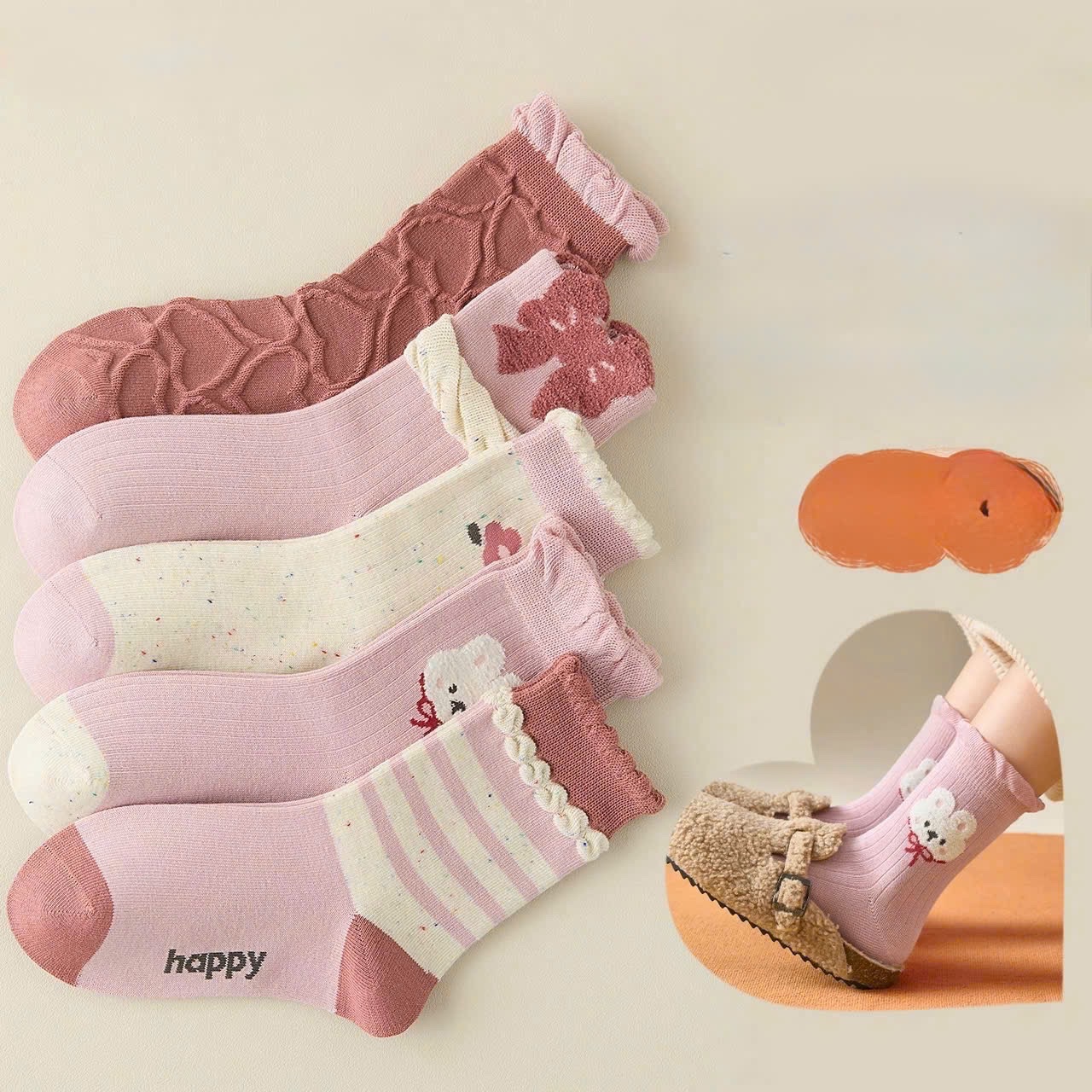 PK249 - SET 10 ĐÔI TẤT BÉ GÁI BÈO NƠ THỎ HAPPY hồng be
