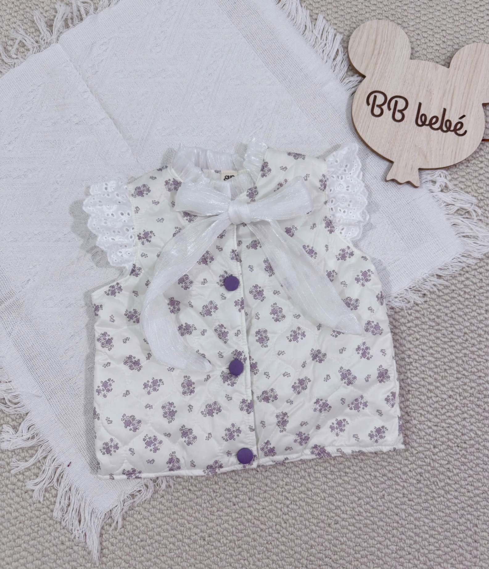 AB824 - ÁO GILE PHAO HOA TÍM VIỀN REN NƠ BÉ GÁI