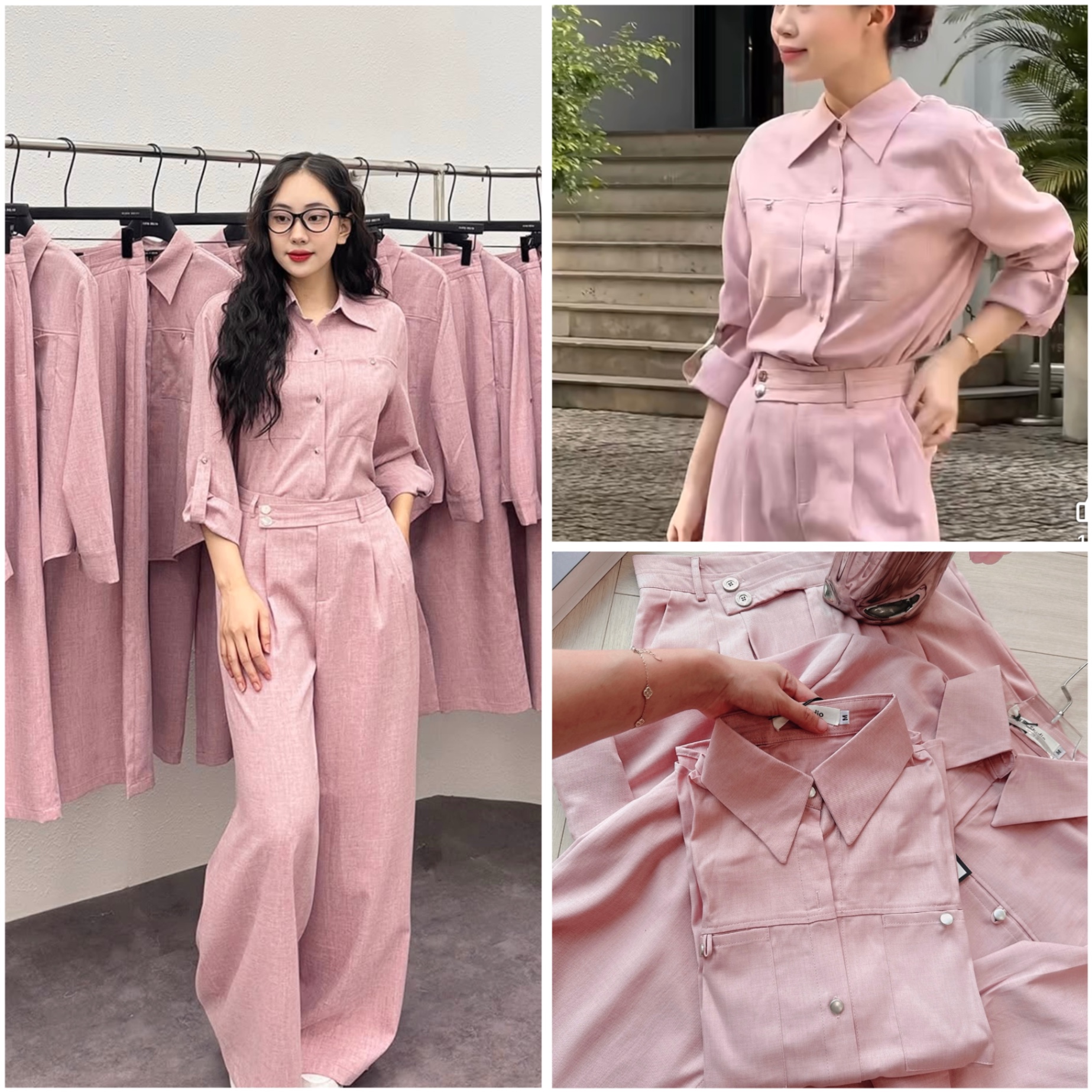 S199 - SET NỮ ÁO SƠ MI HỒNG TAY GẤP QUẦN SUÔNG ĐAI CHÉO
