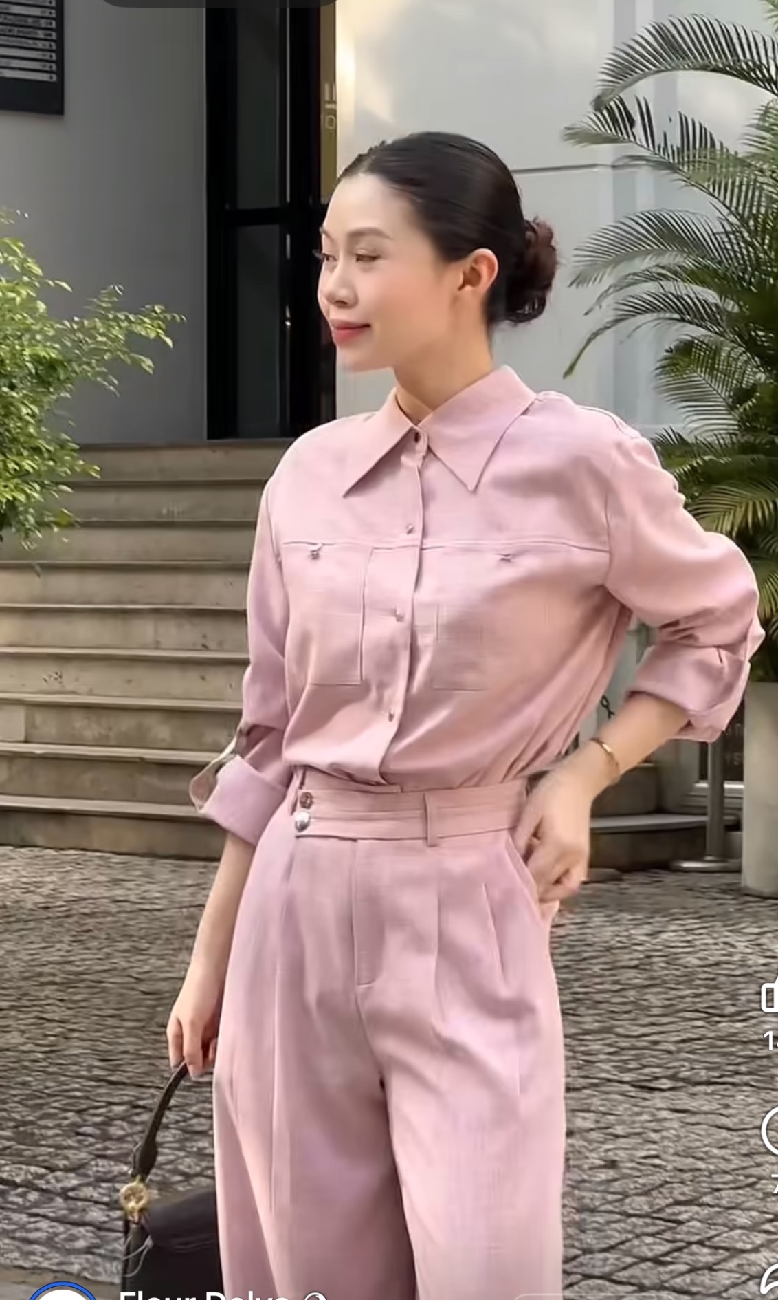 S199 - SET NỮ ÁO SƠ MI HỒNG TAY GẤP QUẦN SUÔNG ĐAI CHÉO
