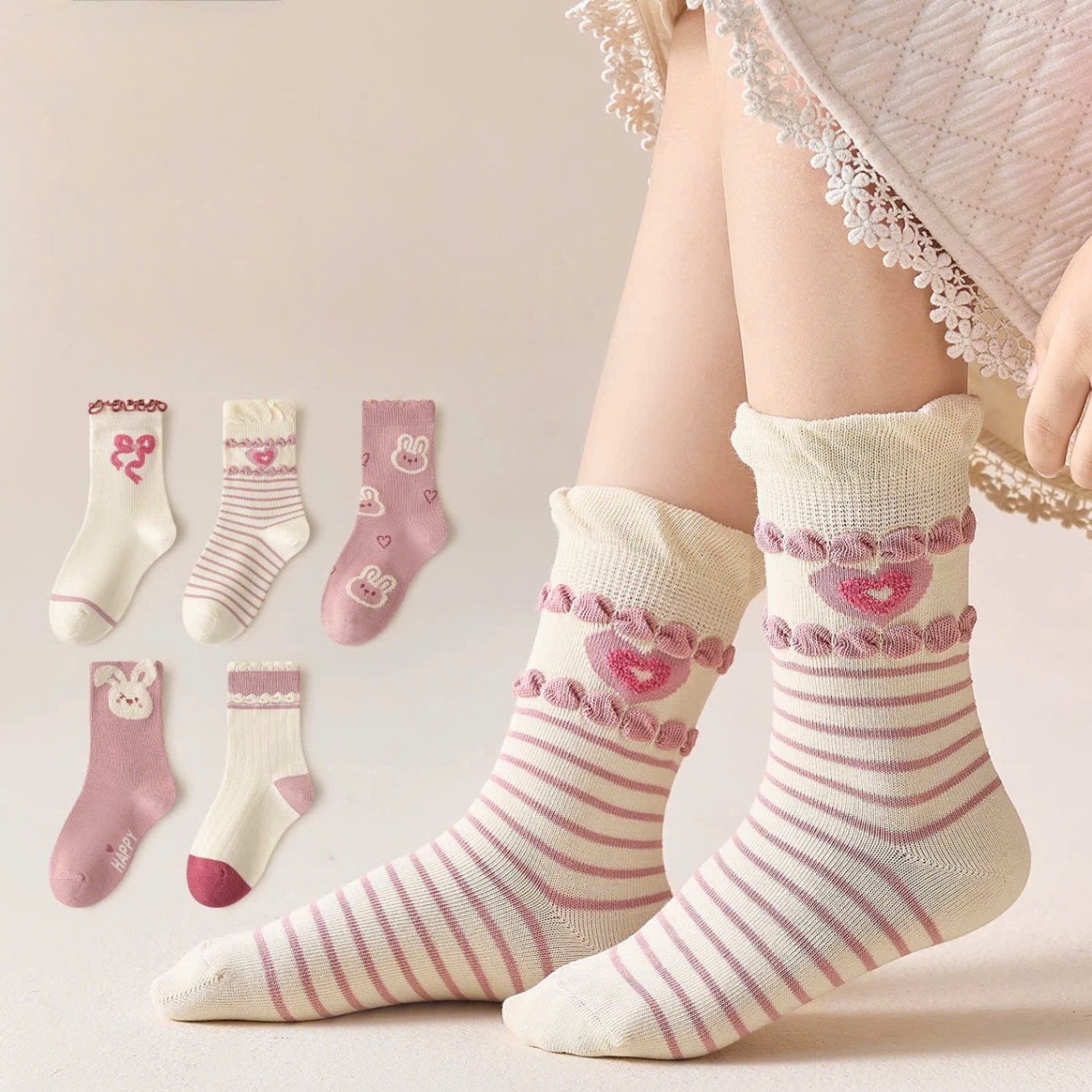 PK249 - SET 10 ĐÔI TẤT BÉ GÁI BÈO NƠ THỎ HAPPY hồng be