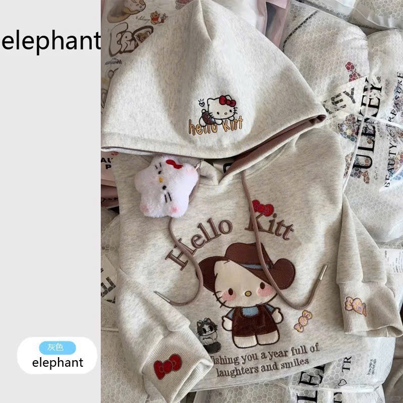 AB826 - ÁO NỈ HOODIE BÉ GÁI GHI MŨ NÂU MÈO HELLO KITTY