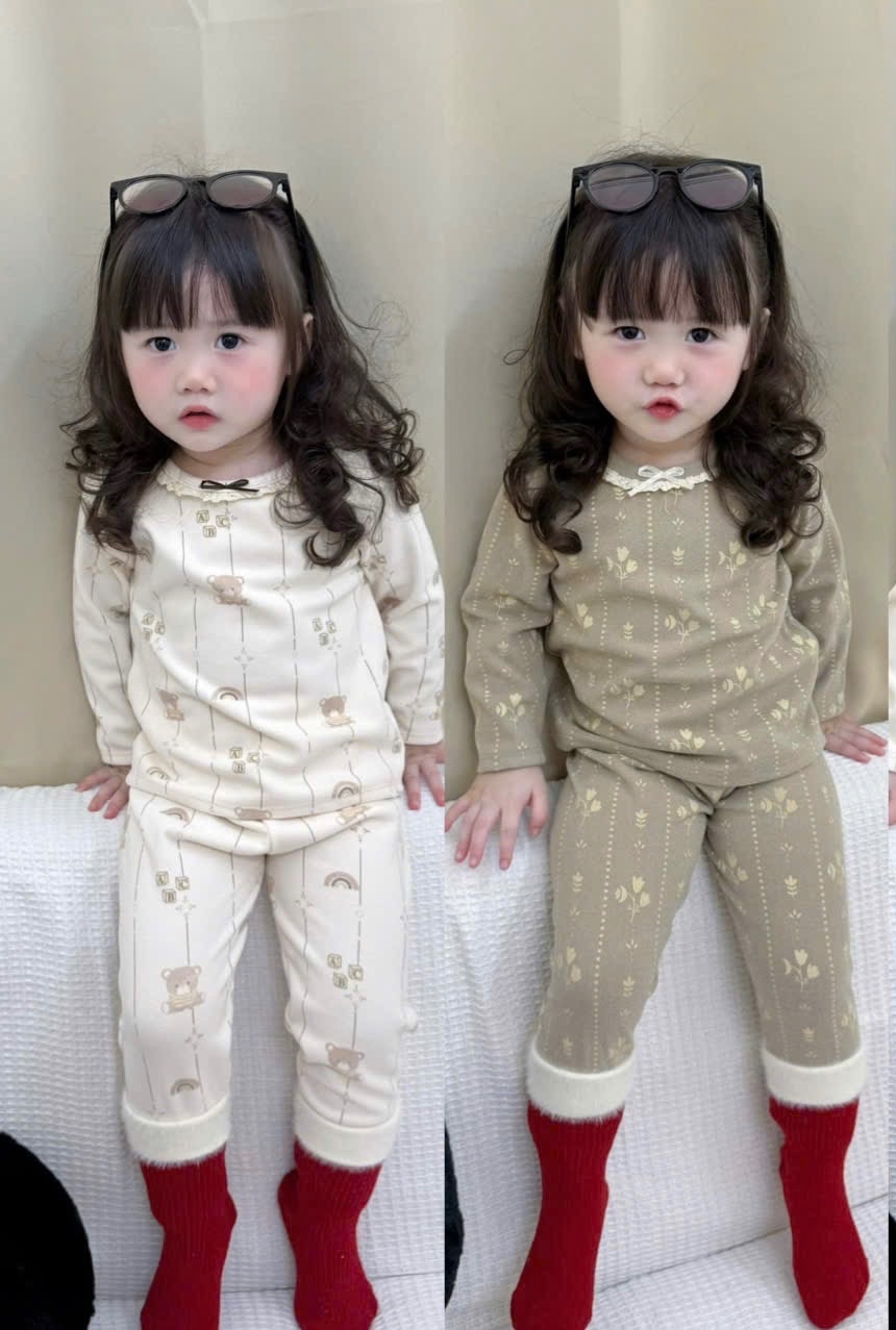 G811 - SET 2 BỘ BÉ GÁI ZIP LÔNG GẤU HOA CỔ REN nâu be