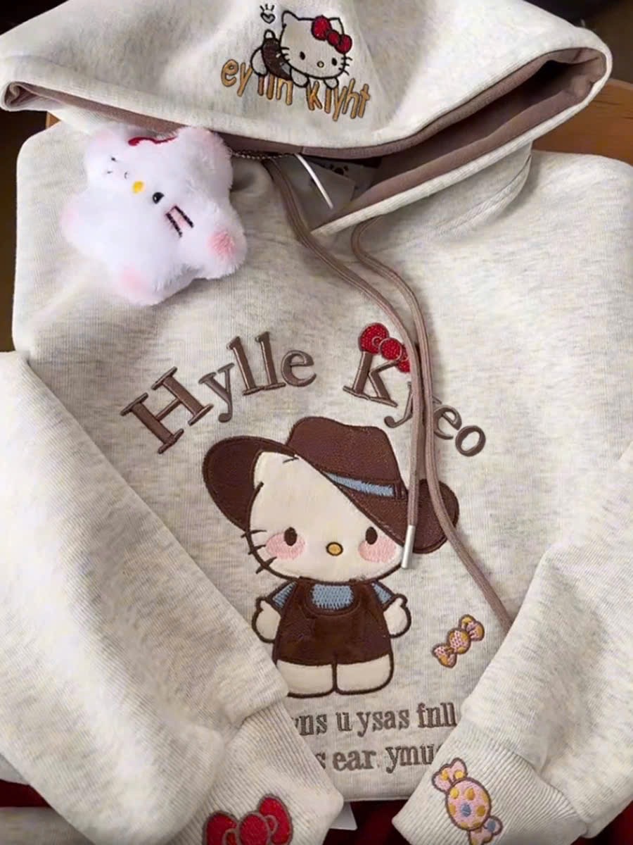 AB826 - ÁO NỈ HOODIE BÉ GÁI GHI MŨ NÂU MÈO HELLO KITTY