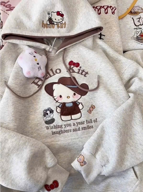 AB826 - ÁO NỈ HOODIE BÉ GÁI GHI MŨ NÂU MÈO HELLO KITTY