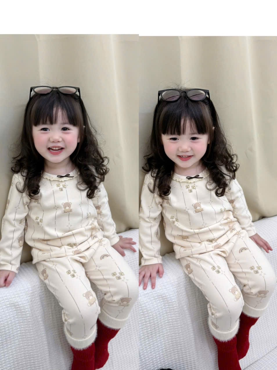 G811 - SET 2 BỘ BÉ GÁI ZIP LÔNG GẤU HOA CỔ REN nâu be