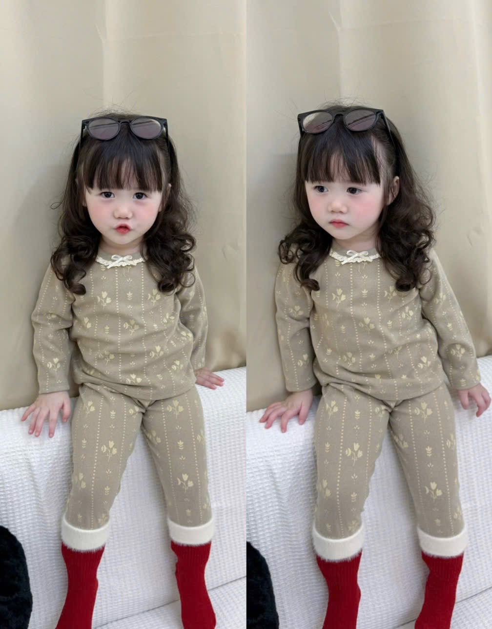 G811 - SET 2 BỘ BÉ GÁI ZIP LÔNG GẤU HOA CỔ REN nâu be