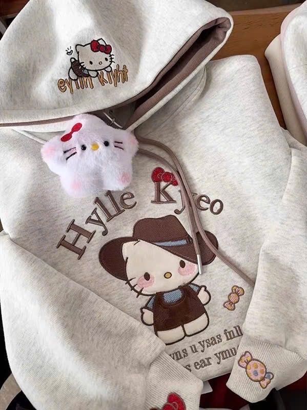 AB826 - ÁO NỈ HOODIE BÉ GÁI GHI MŨ NÂU MÈO HELLO KITTY