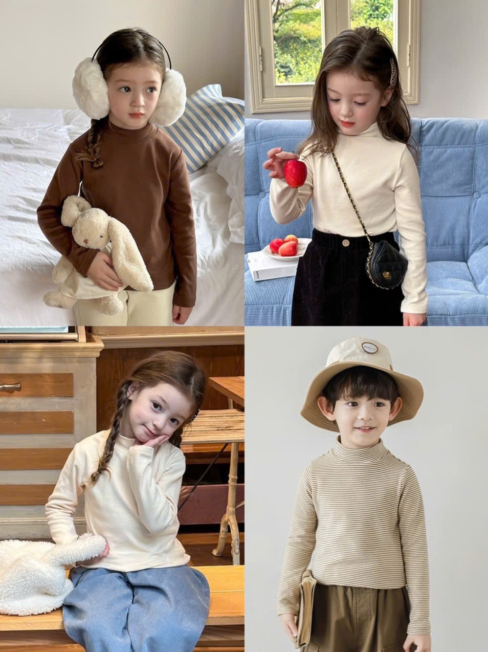 AB828 - SET 4 ÁO BÉ CỔ 3P hồng kẻ nâu