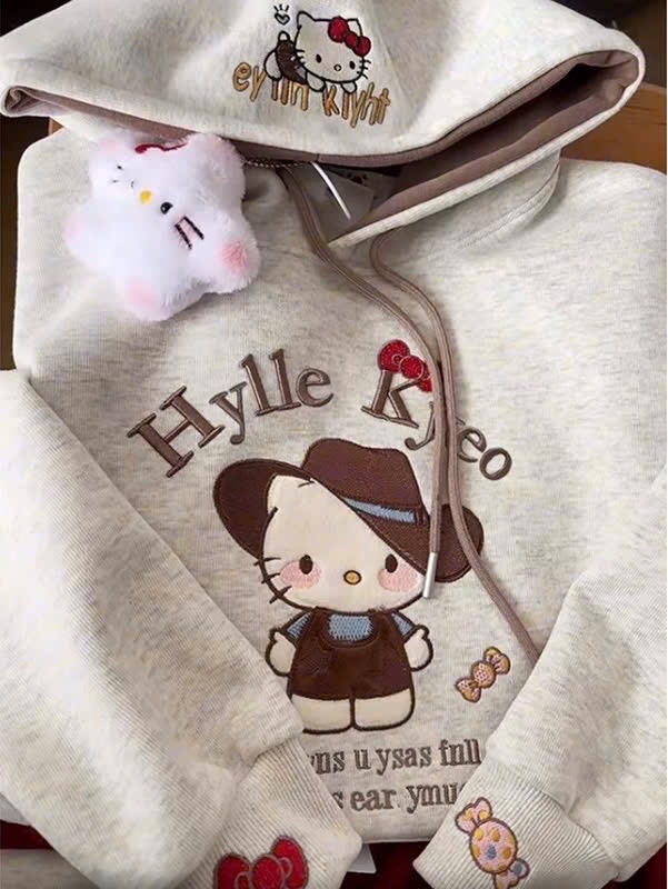 AB826 - ÁO NỈ HOODIE BÉ GÁI GHI MŨ NÂU MÈO HELLO KITTY