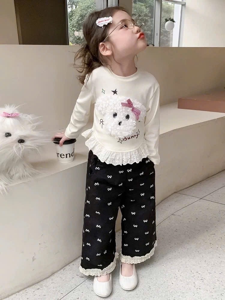 G807 - BỘ BÉ GÁI ÁO BE GẤU NỔI BUNNY QUẦN ĐEN NƠ